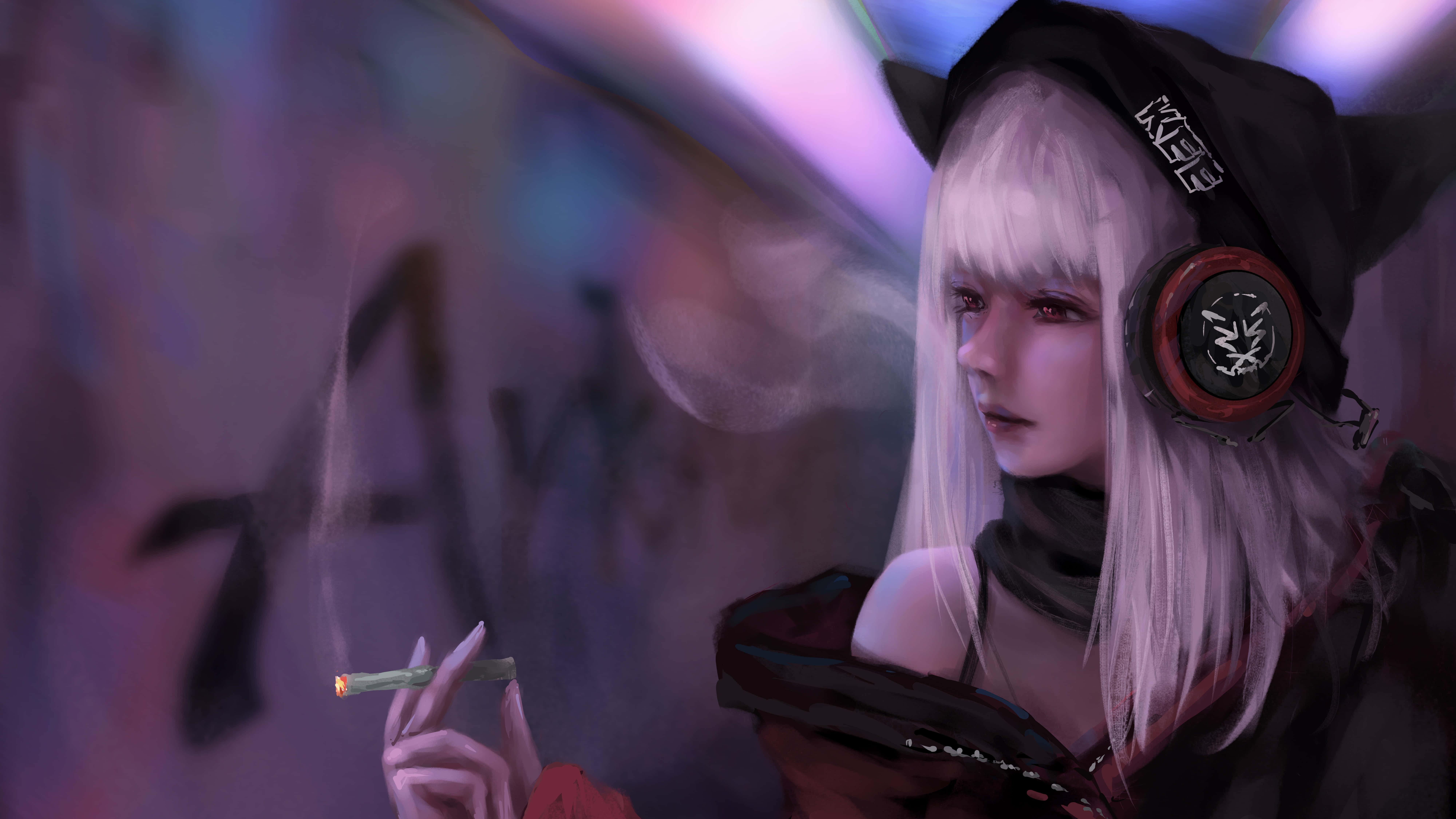 Painting 桌布 壁紙 — 一個蒼白的動漫女孩，戴著貓耳和耳機，在霓虹燈下靠著塗鴉牆抽煙。