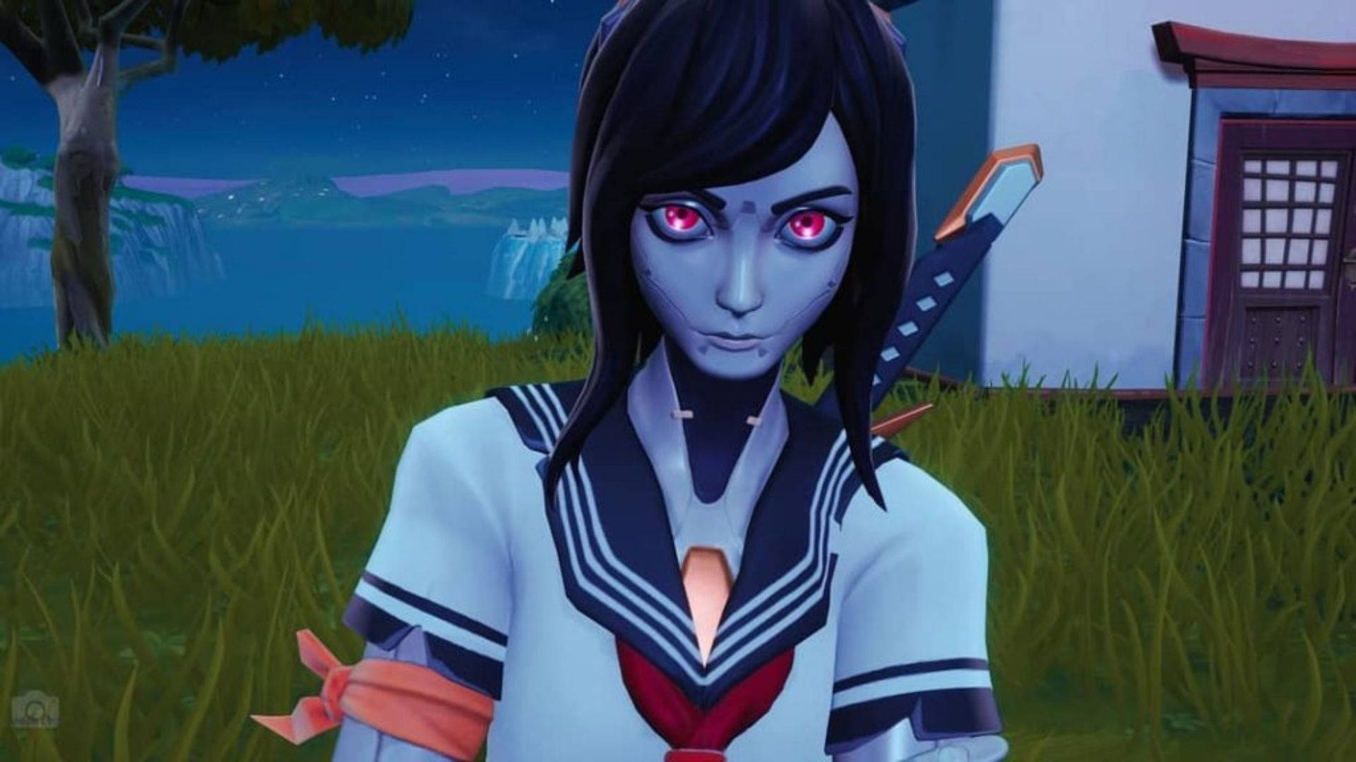 tsuki fortnite 桌布 壁紙 — 一個蒼白的動漫女孩，有著發光的紅眼睛和一把武士刀，夜晚站在傳統房屋附近的草地上。