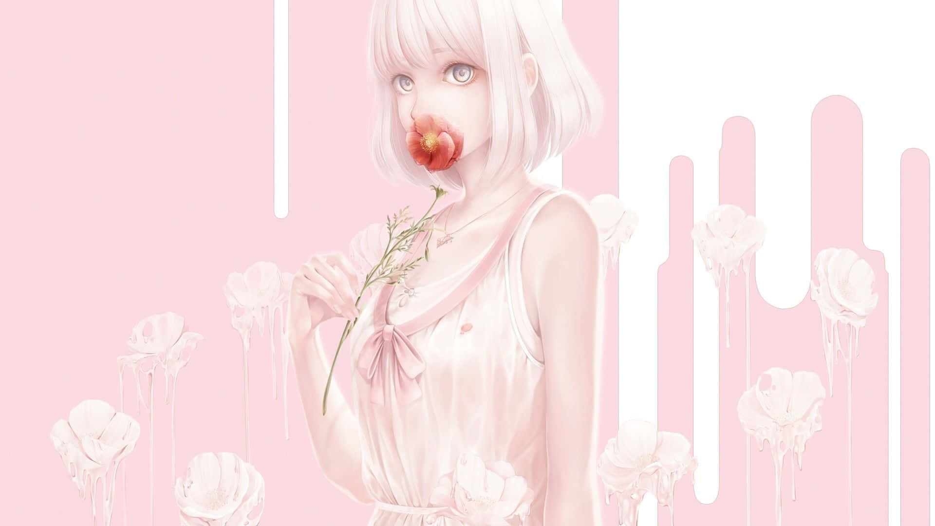 Pastel Pink Aesthetic Anime 桌布 壁紙 — 一個蒼白的動漫女孩，留著白色短髮，將一朵紅花放在唇邊，背景是柔和的粉紅色滴落效果和融化的白玫瑰。