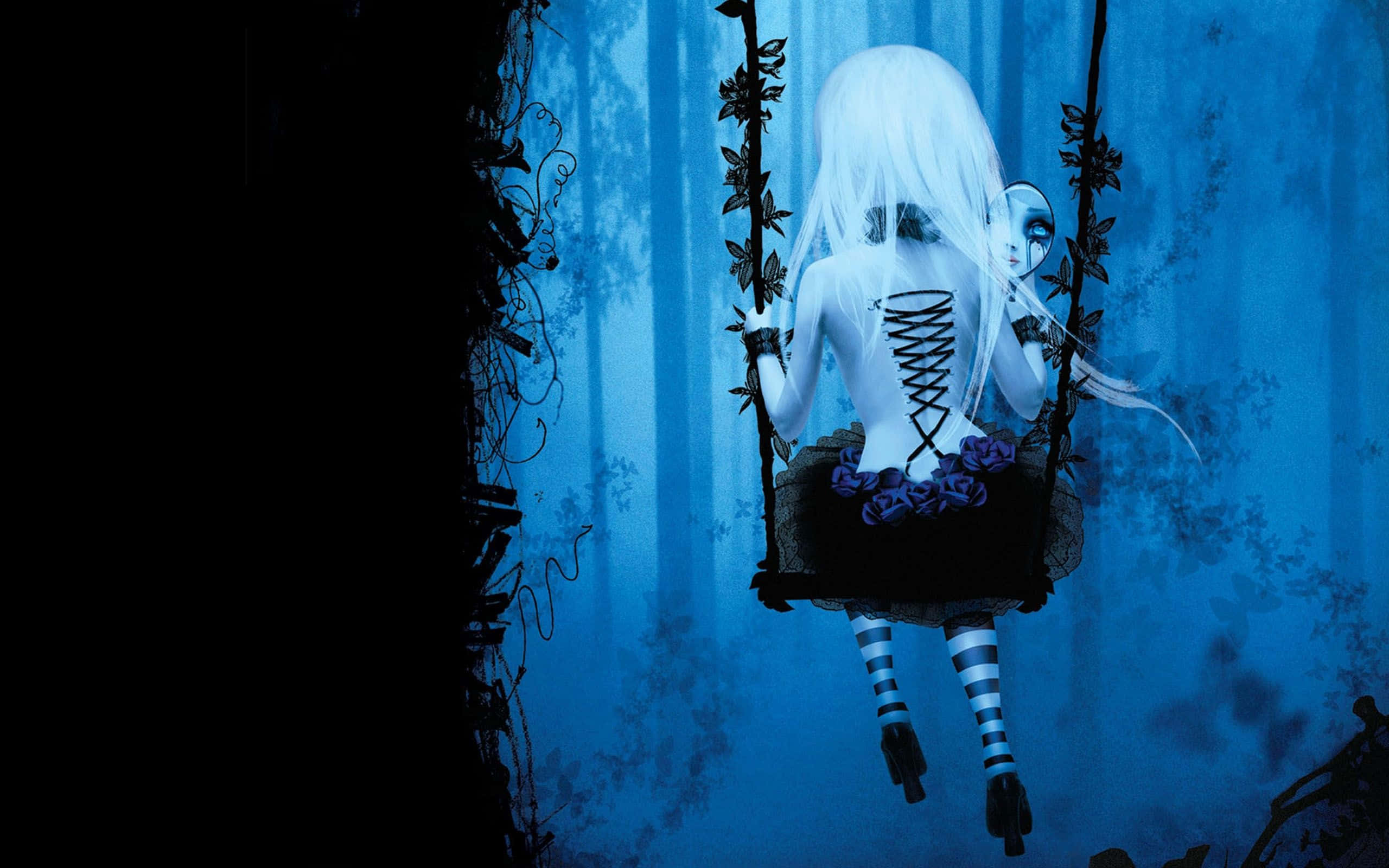 Horror Anime 桌布 壁紙 — 一個蒼白的動漫女孩，白色頭髮，坐在深藍色森林的鞦韆上，拿著一面鏡子對著臉。