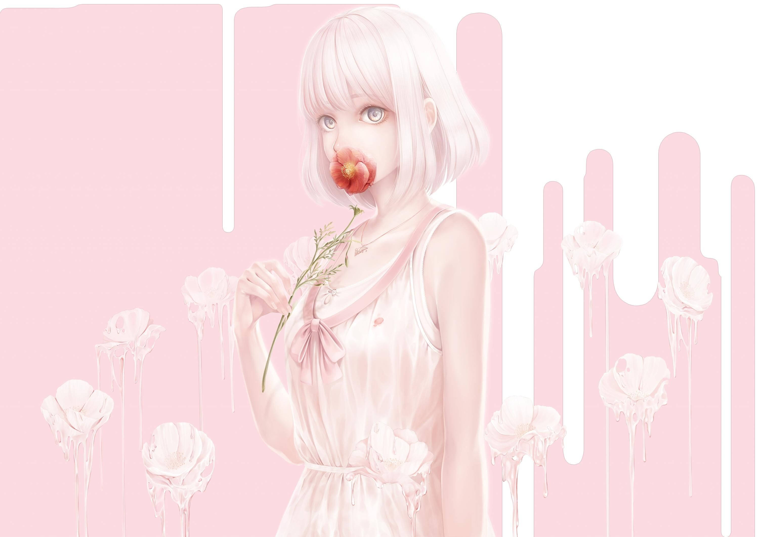 pastel 桌布 壁紙 — 一個蒼白的動漫女孩，白髮，拿著一朵紅花靠近鼻子，背景是柔和的粉紅色滴落效果，帶有融化的白玫瑰。