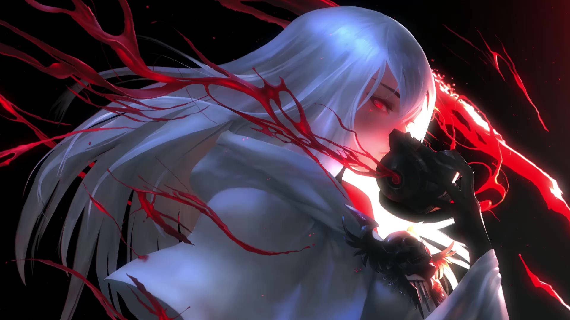 White Anime 桌布 壁紙 — 一個蒼白的動漫女孩，白髮紅眼，手持黑暗物體，深紅能量在她周圍流動，背景為黑色。
