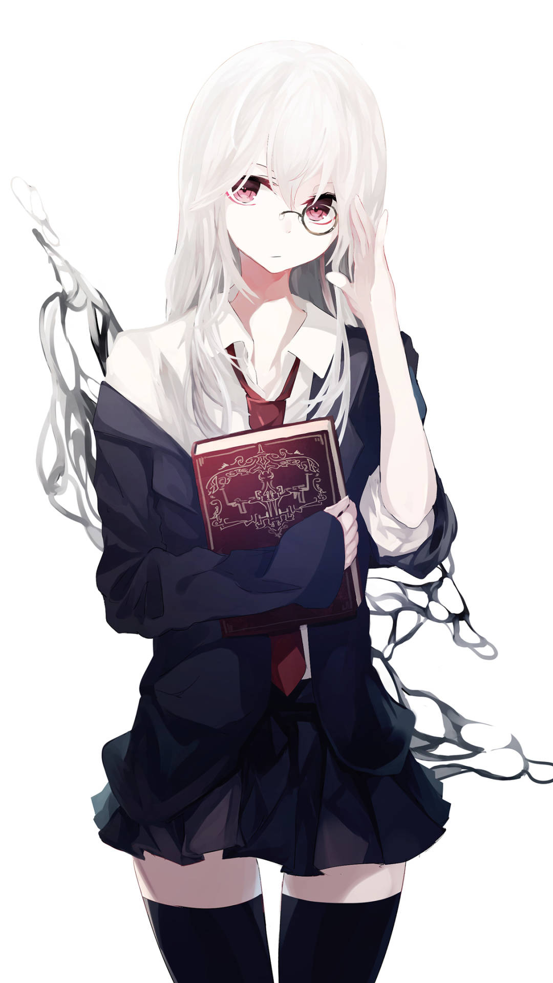 Anime Girl Phone 桌布 壁紙 — 一個蒼白的動漫女孩，白髮紅眼，手持一本紅書，幽靈般的鎖鏈在她深色校服周圍盤旋。