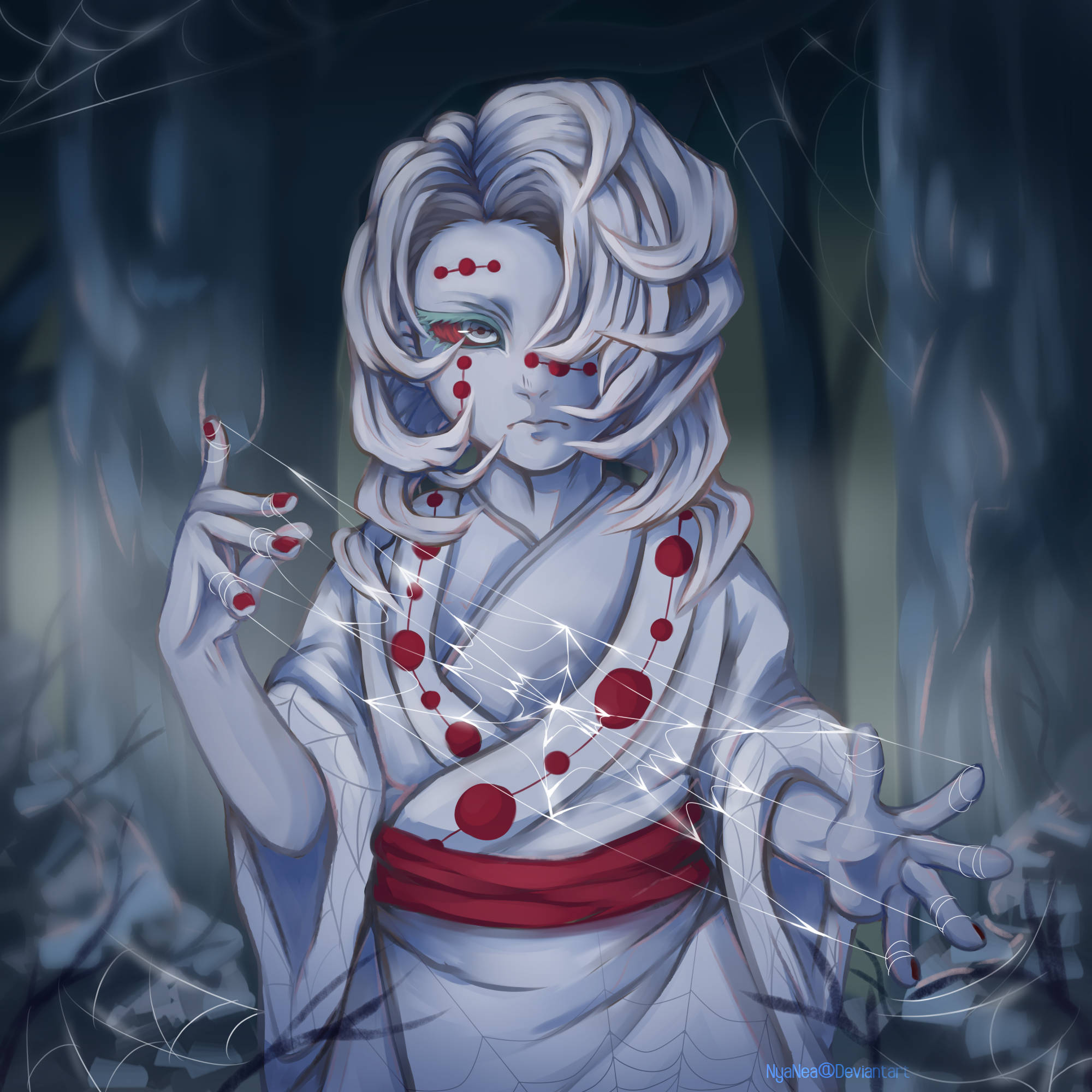 Rui 桌布 壁紙 — 一個蒼白的動漫女孩，白髮紅點，在迷霧森林中編織發光的蜘蛛網線。