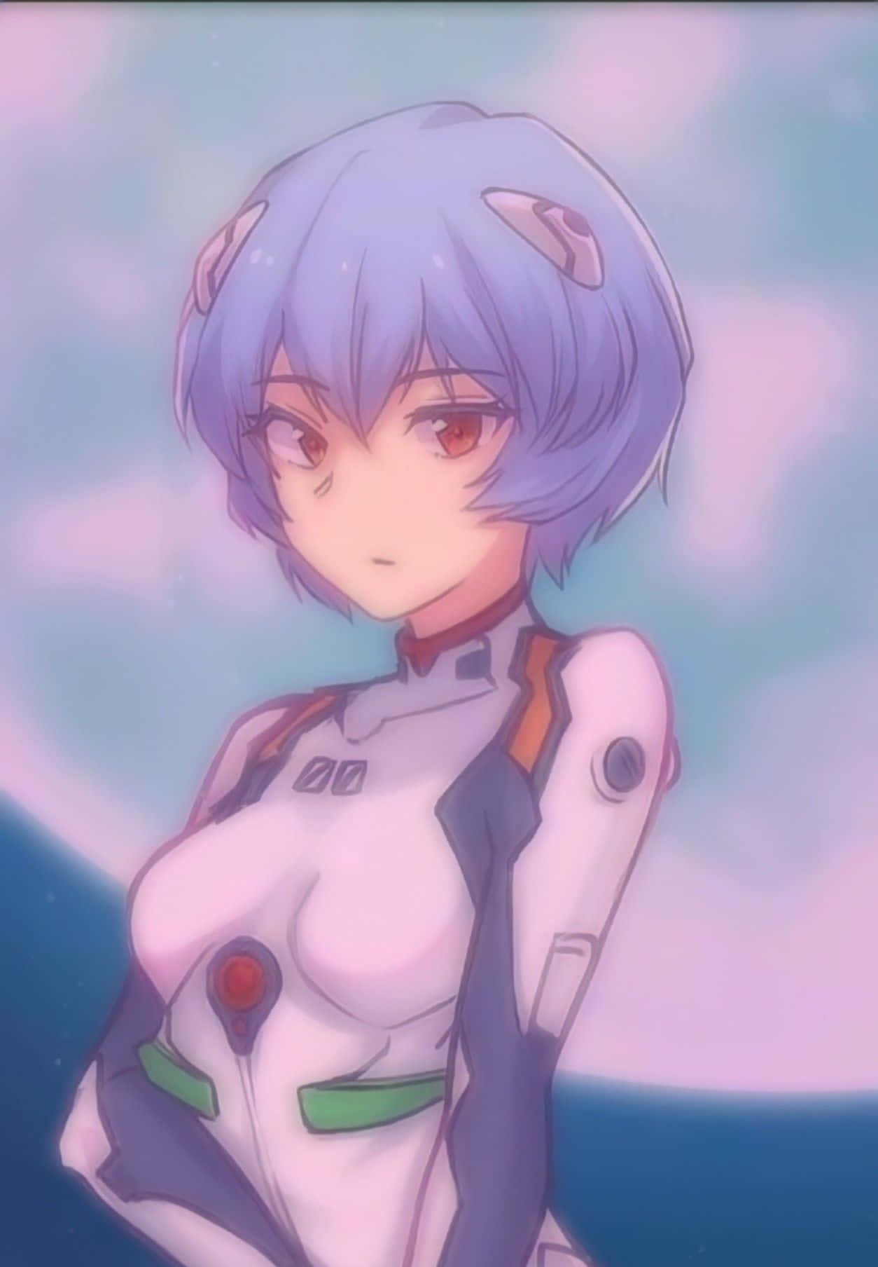 rei ayanami 桌布 壁紙 — 一個蒼白的動漫女孩，短淺紫色頭髮，紅色眼睛，穿著白色和橙色的飛行員服，背景是柔和的粉紅色和藍色天空。