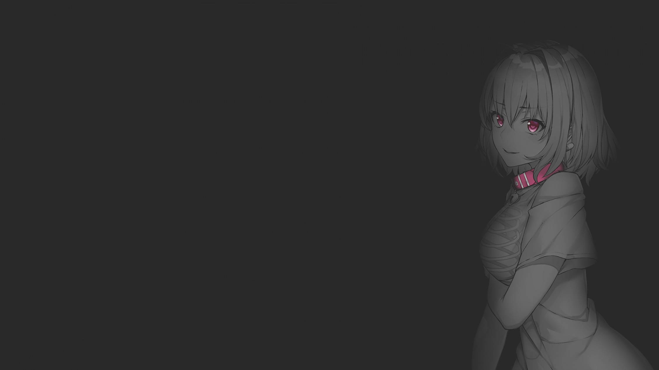 asobi asobase 桌布 壁紙 — 一個蒼白的動漫女孩，短灰色頭髮，發光的紅色眼睛，在深灰色背景上溫柔地微笑。
