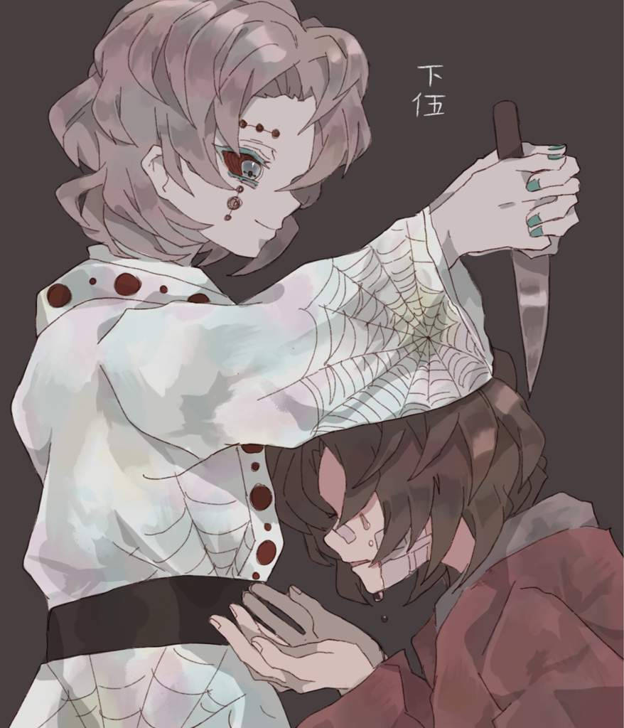 Rui 桌布 壁紙 — 一個蒼白的動漫女孩，穿著蜘蛛網服飾，紅色的眼睛，在緊張的時刻將刀舉在一個棕色頭髮的人物上方。
