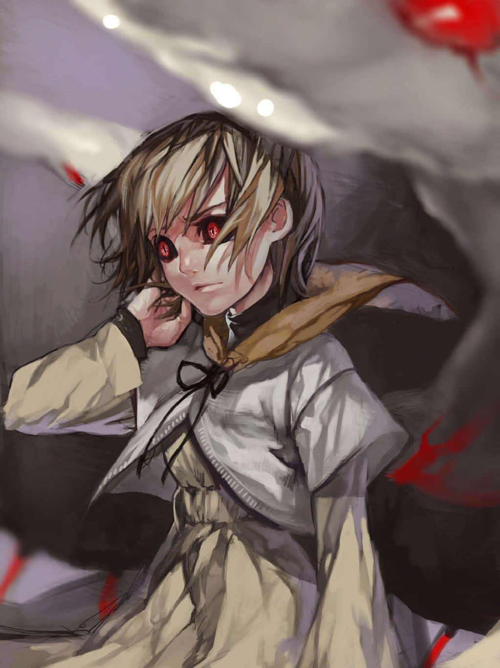 Hinami Fueguchi 桌布 壁紙 — 一個蒼白的動漫女孩，紅眼睛，凌亂的金色頭髮，穿著白色外套，周圍有烏雲和紅色條紋旋轉。