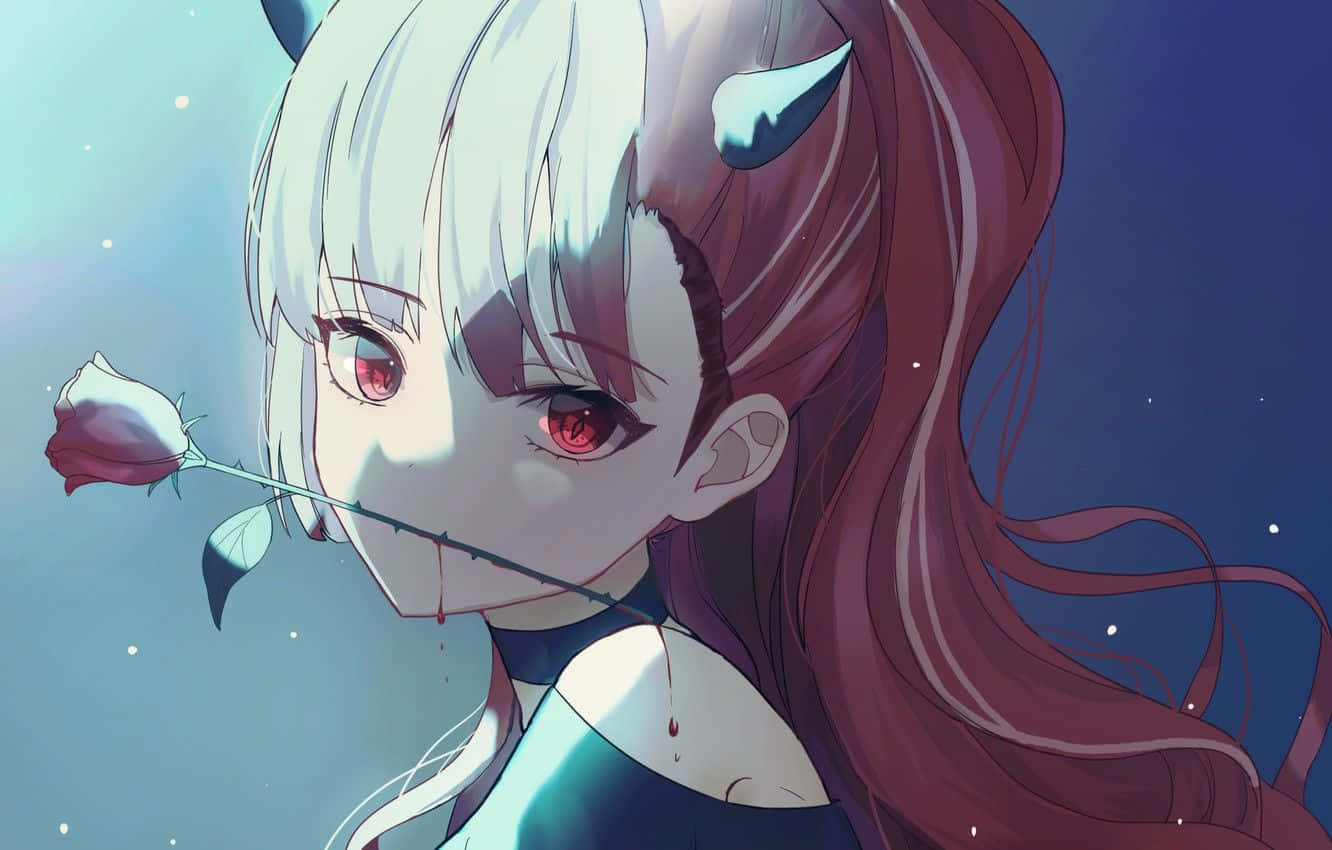 Devil Horns 桌布 壁紙 — 一個蒼白的動漫女孩，紅眼睛，惡魔角，咬著玫瑰莖，滴著血，背景是星光燦爛的黃昏天空。