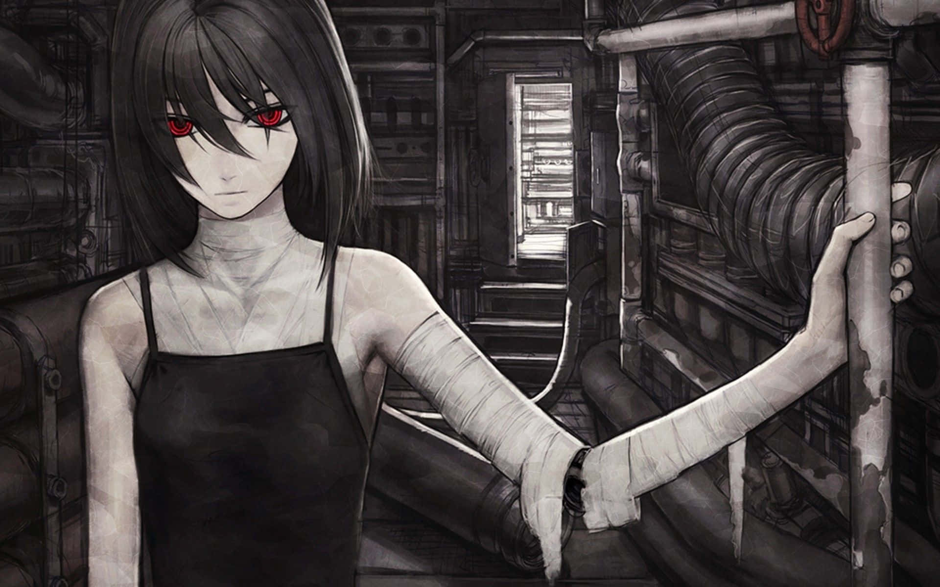 Horror Anime 桌布 壁紙 — 一個蒼白的動漫女孩，紅眼睛，手臂纏著繃帶，站在骯髒的工業環境中，手持一根管子。