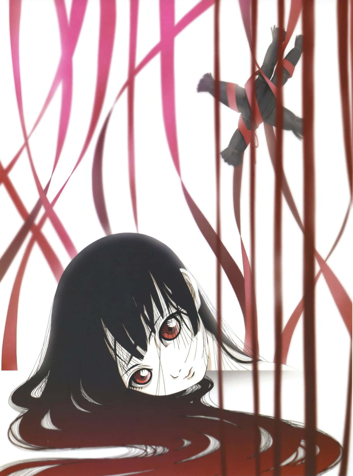 Thriller Anime 桌布 壁紙 — 一個蒼白的動漫女孩，紅色的眼睛從黑暗的液體中窺視，粉紅色的絲帶在她周圍旋轉，一個被束縛的人物懸掛在上方。