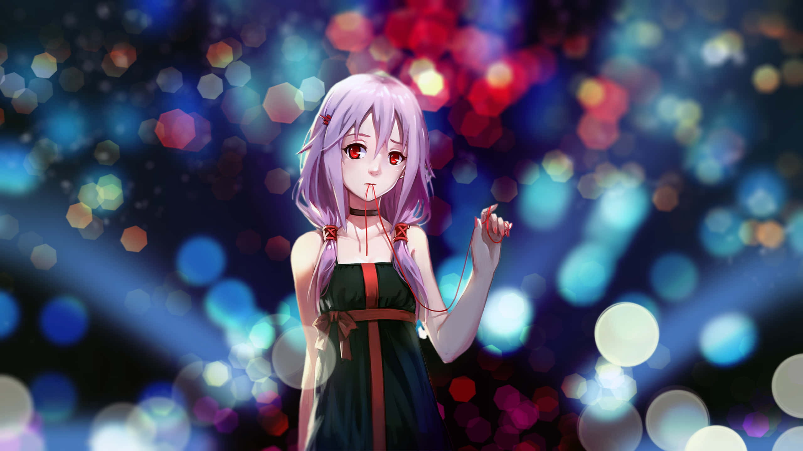 Guilty Crown 桌布 壁紙 — 一個蒼白的動漫女孩，紫色頭髮和紅色眼睛，站在充滿活力的散景背景前，背景是發光的燈光。