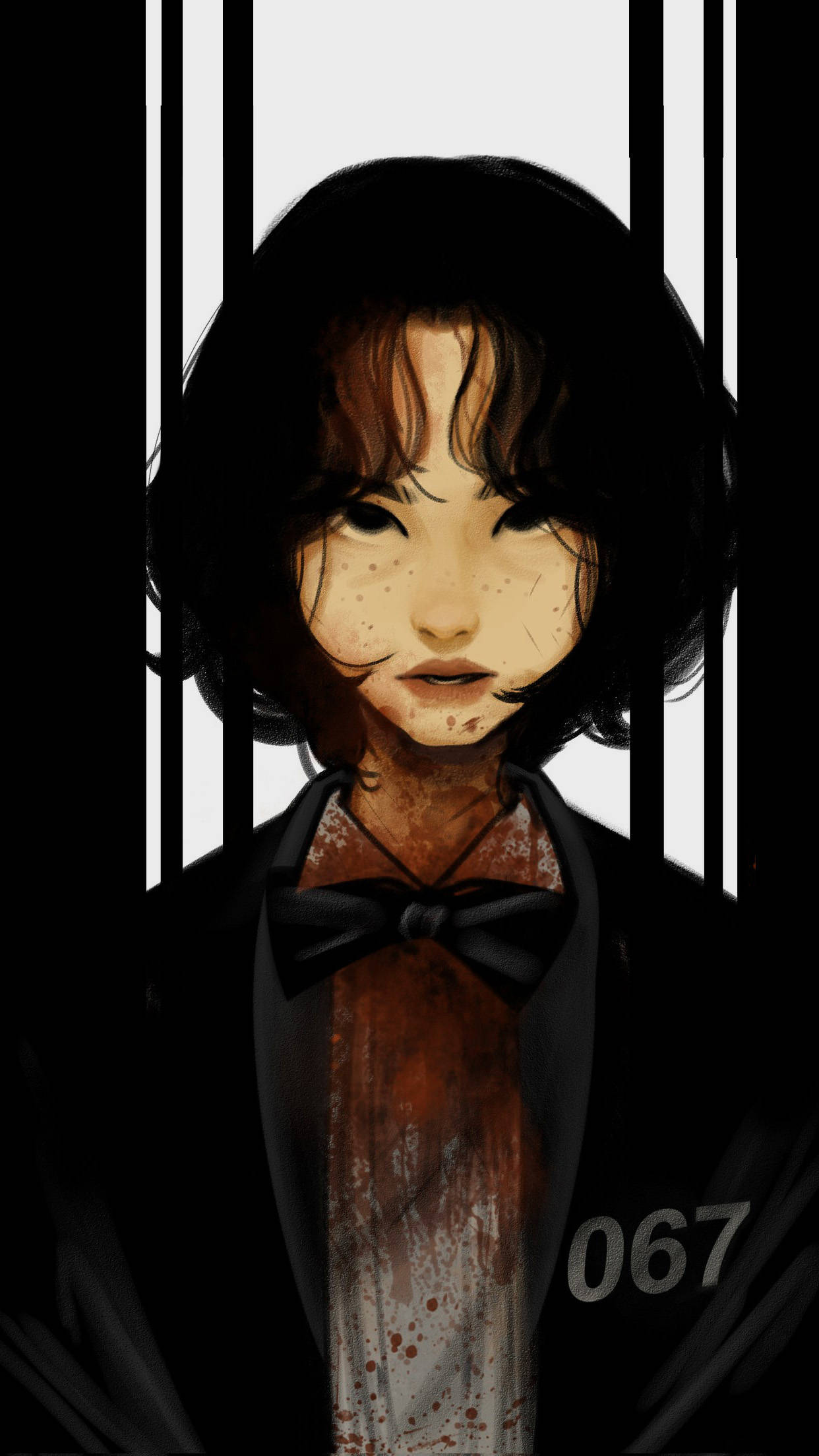 game 桌布 壁紙 — 一個蒼白的動漫女孩，臉上長有雀斑，衣服沾滿血跡，站在監獄鐵欄後面，戴著黑色蝴蝶結，外套上有編號067。