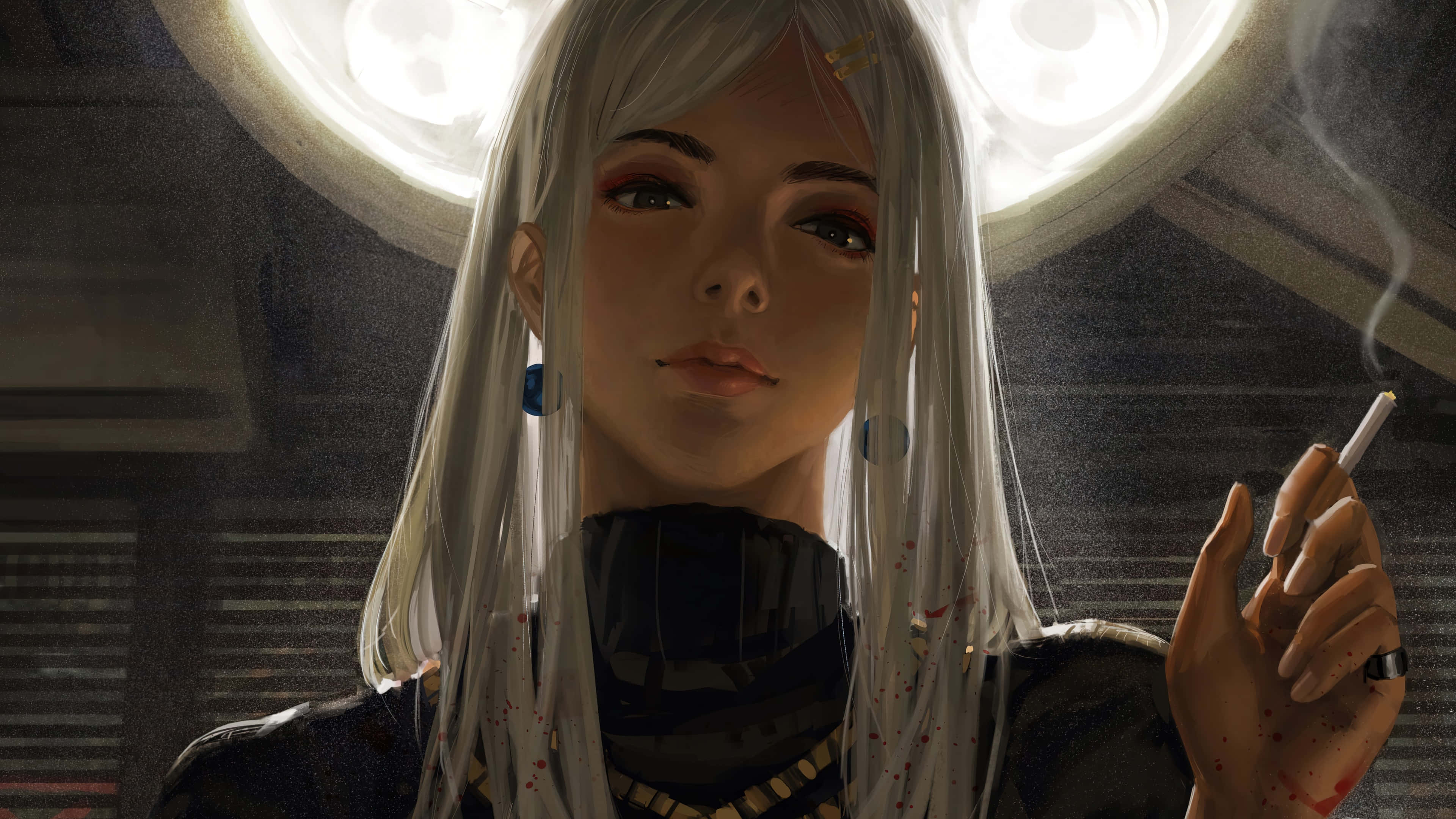 動漫女孩 桌布 壁紙 — 一個蒼白的動漫女孩，銀色頭髮，在昏暗的房間裡，在明亮的手術燈下抽煙。