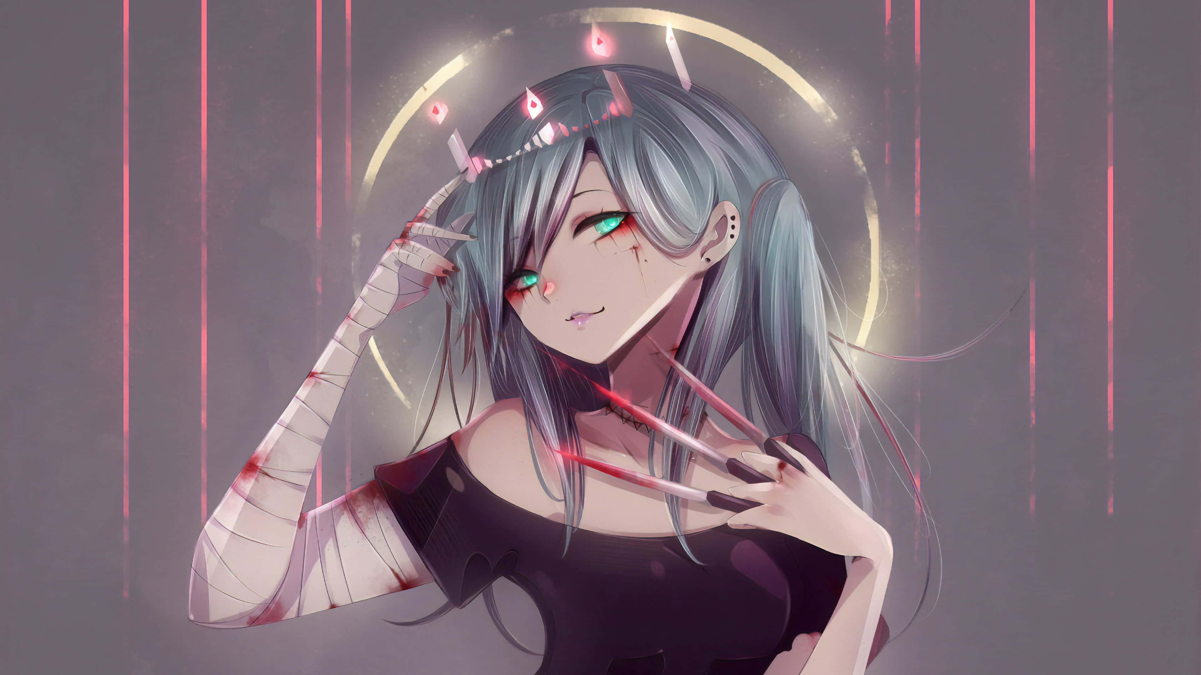 Gothic Costumes 桌布 壁紙 — 一個蒼白的動漫女孩，銀色頭髮，發光的綠色眼睛，在黑暗背景上，帶有粉紅色霓虹燈條紋和金色光環，握著血淋淋的爪子。