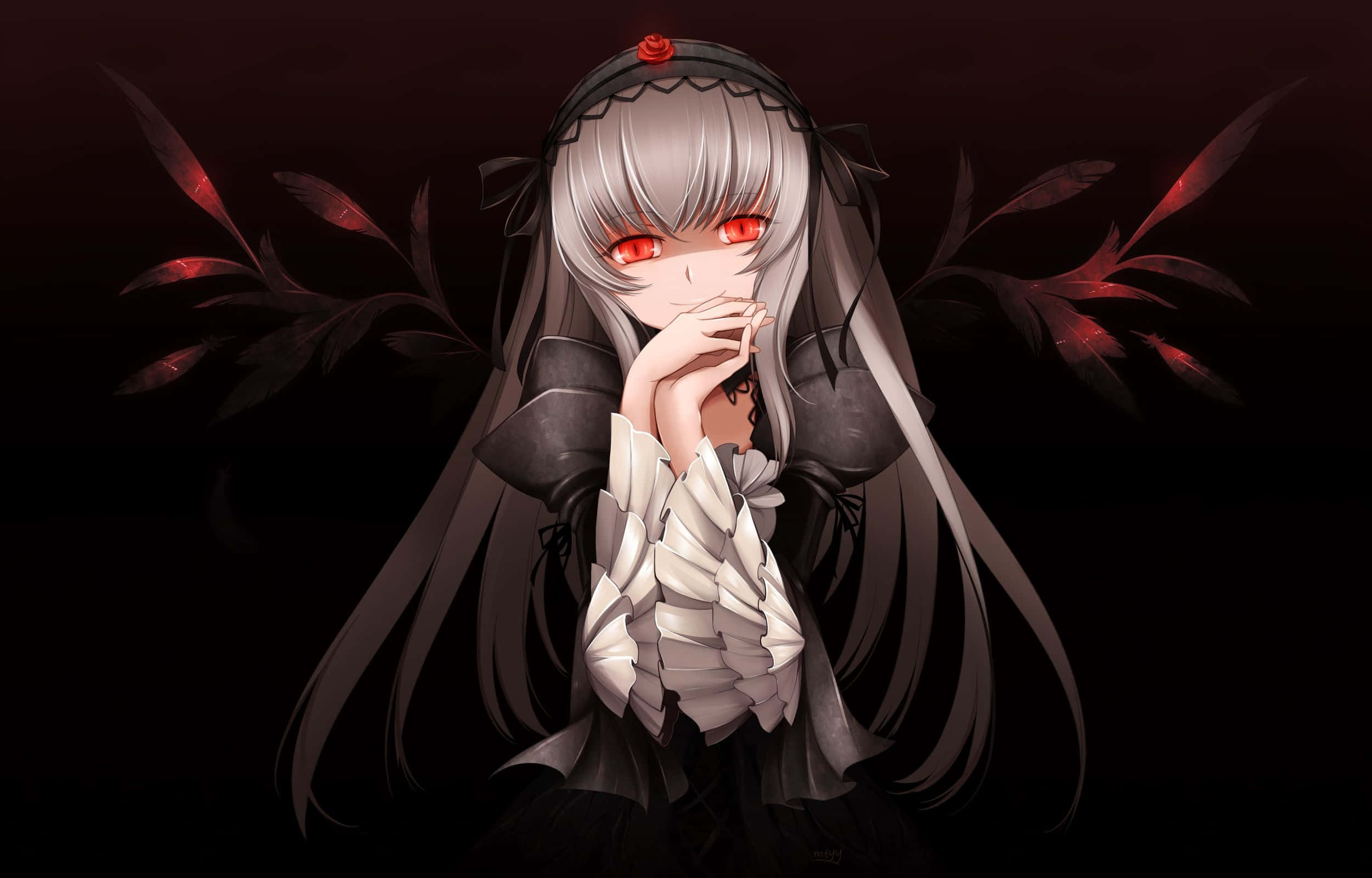 Gothic Anime 桌布 壁紙 — 一個蒼白的動漫女孩，銀色頭髮，發光的紅色眼睛，穿著帶有紅色花卉圖案的黑白連衣裙，背景是深色的。