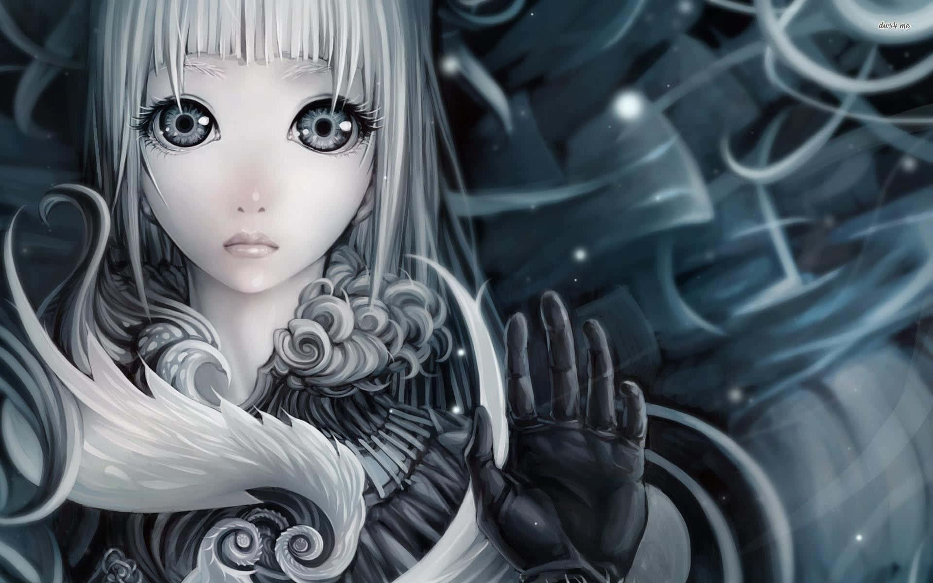 Beautiful Sad Anime 桌布 壁紙 — 一個蒼白的動漫女孩，銀色頭髮和大眼睛，戴著手套的手伸向旋轉的深藍色抽象背景。
