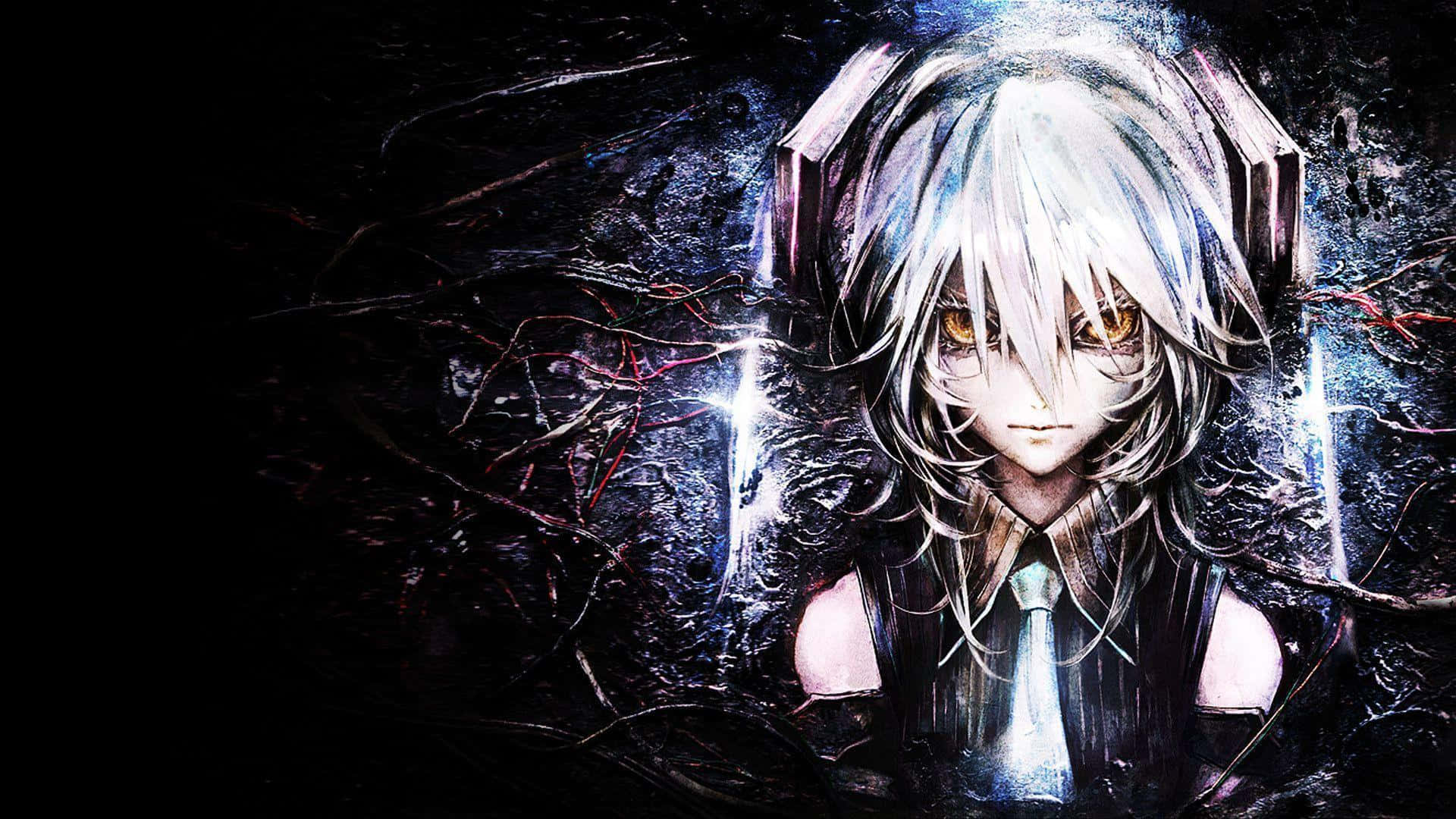 初音未來 桌布 壁紙 — 一個蒼白的動漫女孩，銀色頭髮和發光的琥珀色眼睛，在黑暗扭曲的樹枝和電藍色光中戴著耳機。