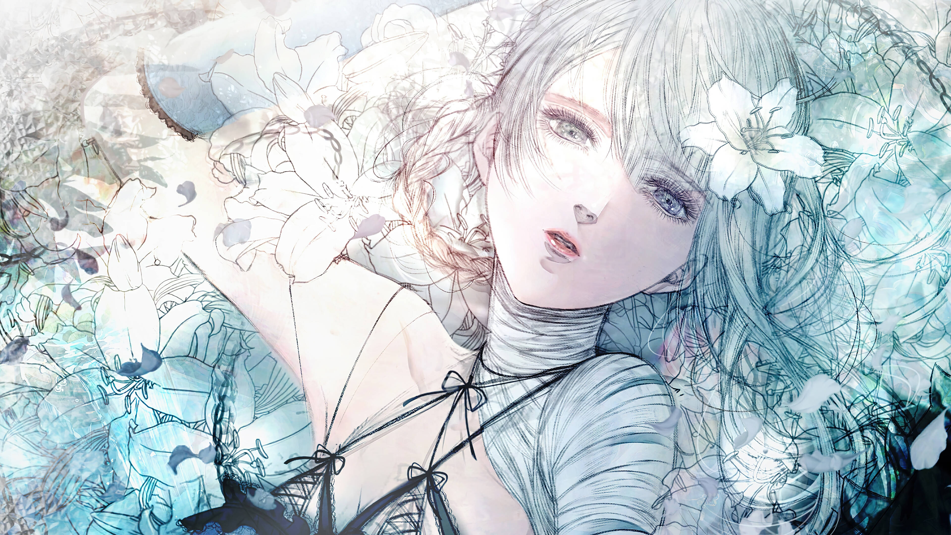 Nier 桌布 壁紙 — 一個蒼白的動漫女孩，銀色頭髮和百合花，漂浮在旋轉的藍白花卉圖案中，營造出夢幻、空靈的場景。