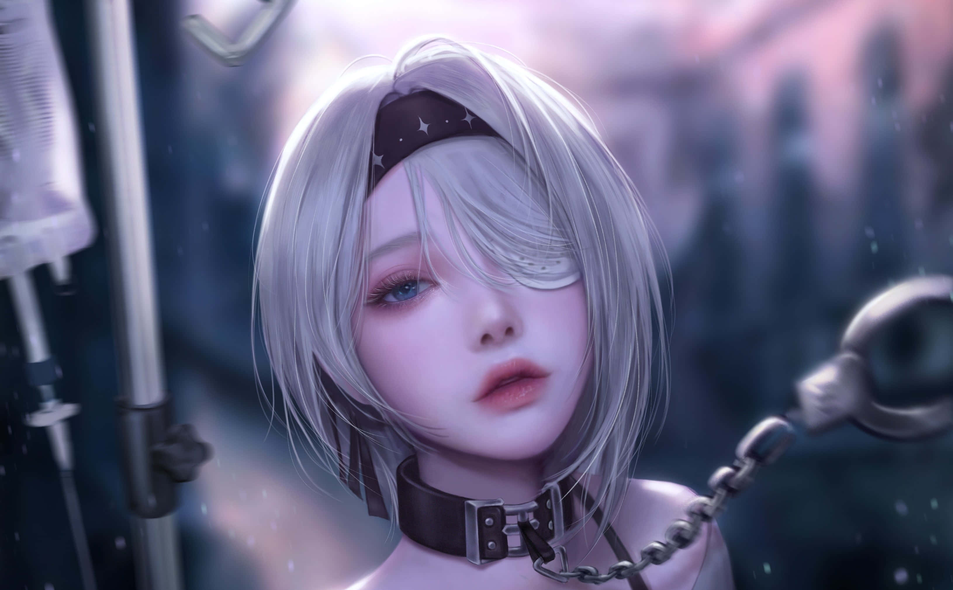 Survival Games 桌布 壁紙 — 一個蒼白的動漫女孩，銀色頭髮和皮革項圈鏈條，在昏暗的醫療環境中溫柔地凝視。