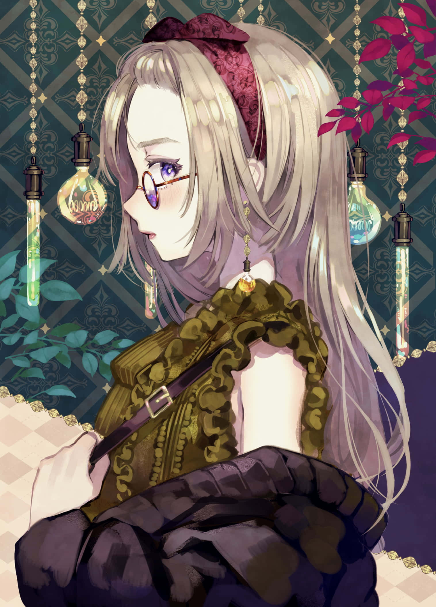 動漫女孩 桌布 壁紙 — 一個蒼白的動漫女孩，銀色頭髮和眼鏡，坐在一個昏暗的房間裡，房間裡裝飾著懸掛的玻璃燈泡和紅色樹葉。