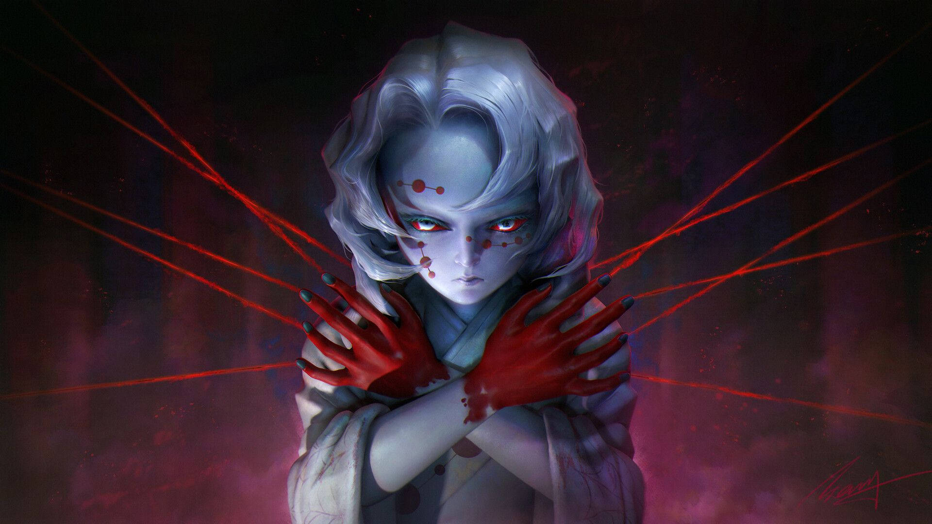 Rui 桌布 壁紙 — 一個蒼白的動漫女孩，銀色頭髮和紅色眼睛，在深紫色背景下，雙手緊握，發出深紅色的能量光束。