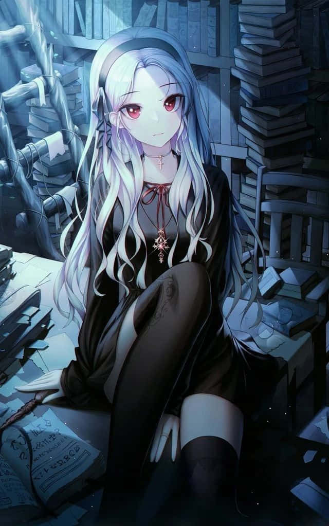 動漫女孩 桌布 壁紙 — 一個蒼白的動漫女孩，銀色頭髮和紅色眼睛，坐在昏暗雜亂的圖書館中高聳的書堆之間。