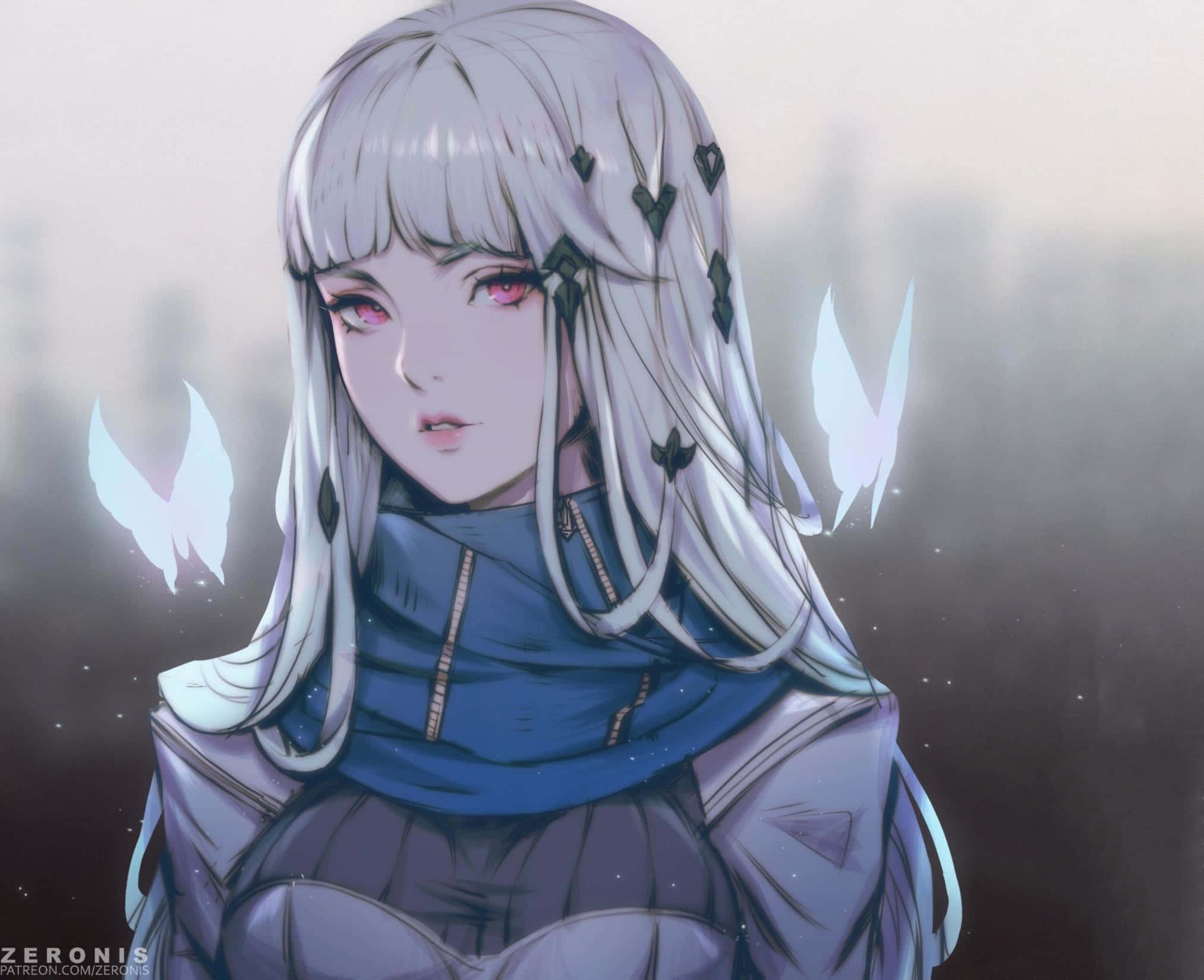 Anime White 桌布 壁紙 — 一個蒼白的動漫女孩，銀色頭髮和紅色眼睛，戴著藍色圍巾，發光的白色翅膀在迷霧背景中漂浮在她身邊。