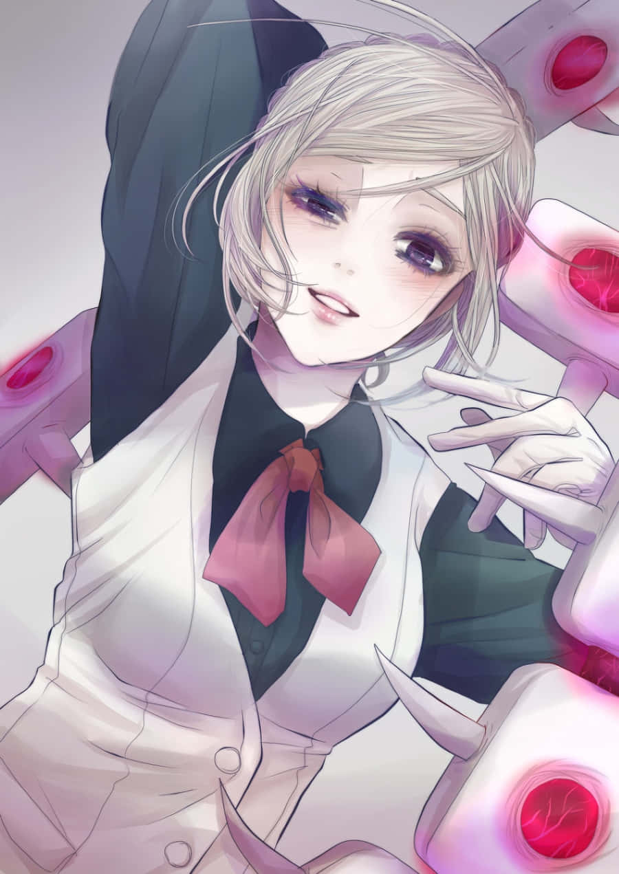 Akira Mado 桌布 壁紙 — 一個蒼白的動漫女孩，銀色頭髮和紫色眼睛，被發光的粉紅色機械臂包圍，溫柔地微笑。