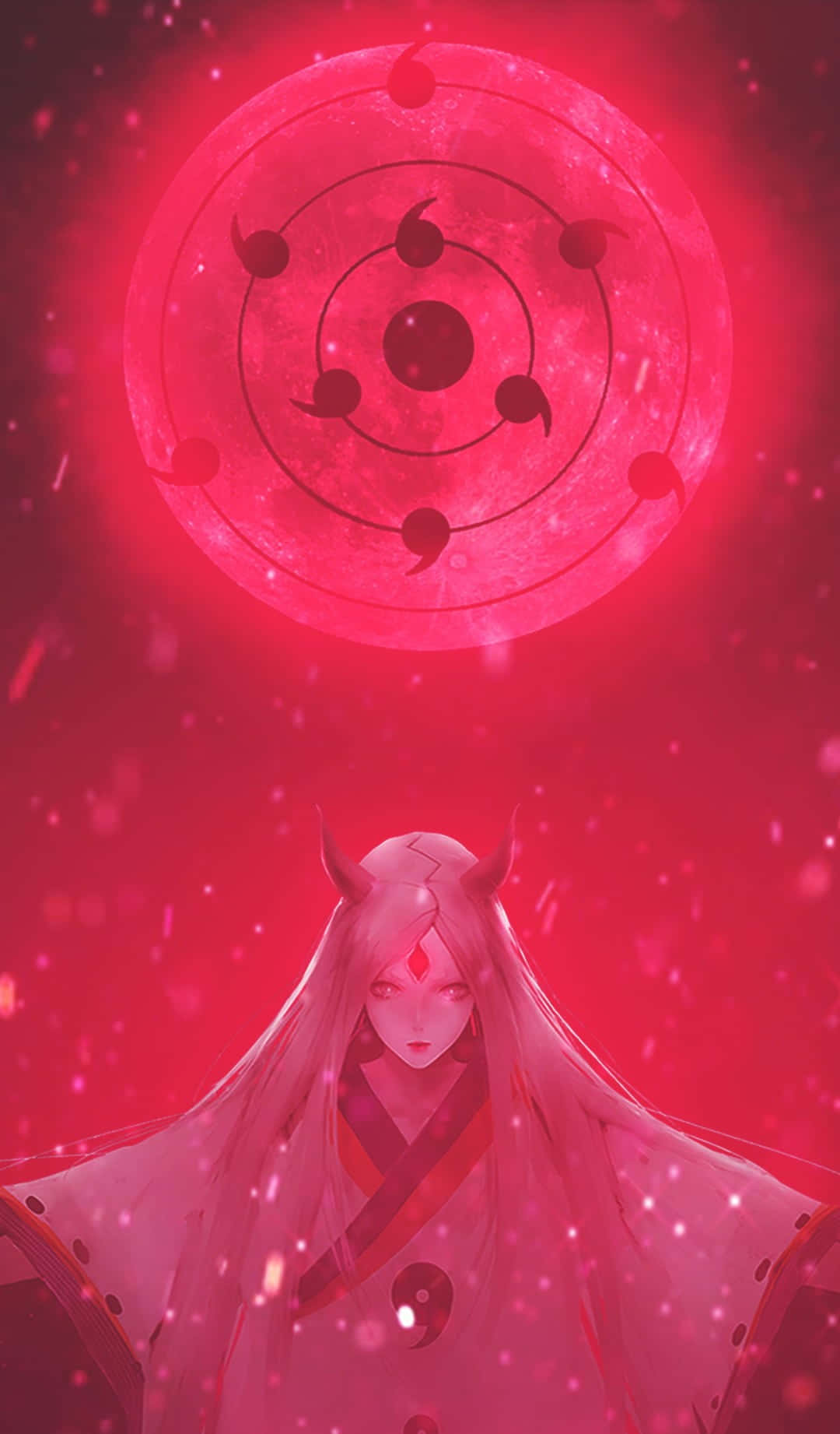 Kaguya Otsutsuki 桌布 壁紙 — 一個蒼白的動漫女孩，長著角和紅眼睛，站在一輪帶有黑色巴紋符號的發光紅月下。
