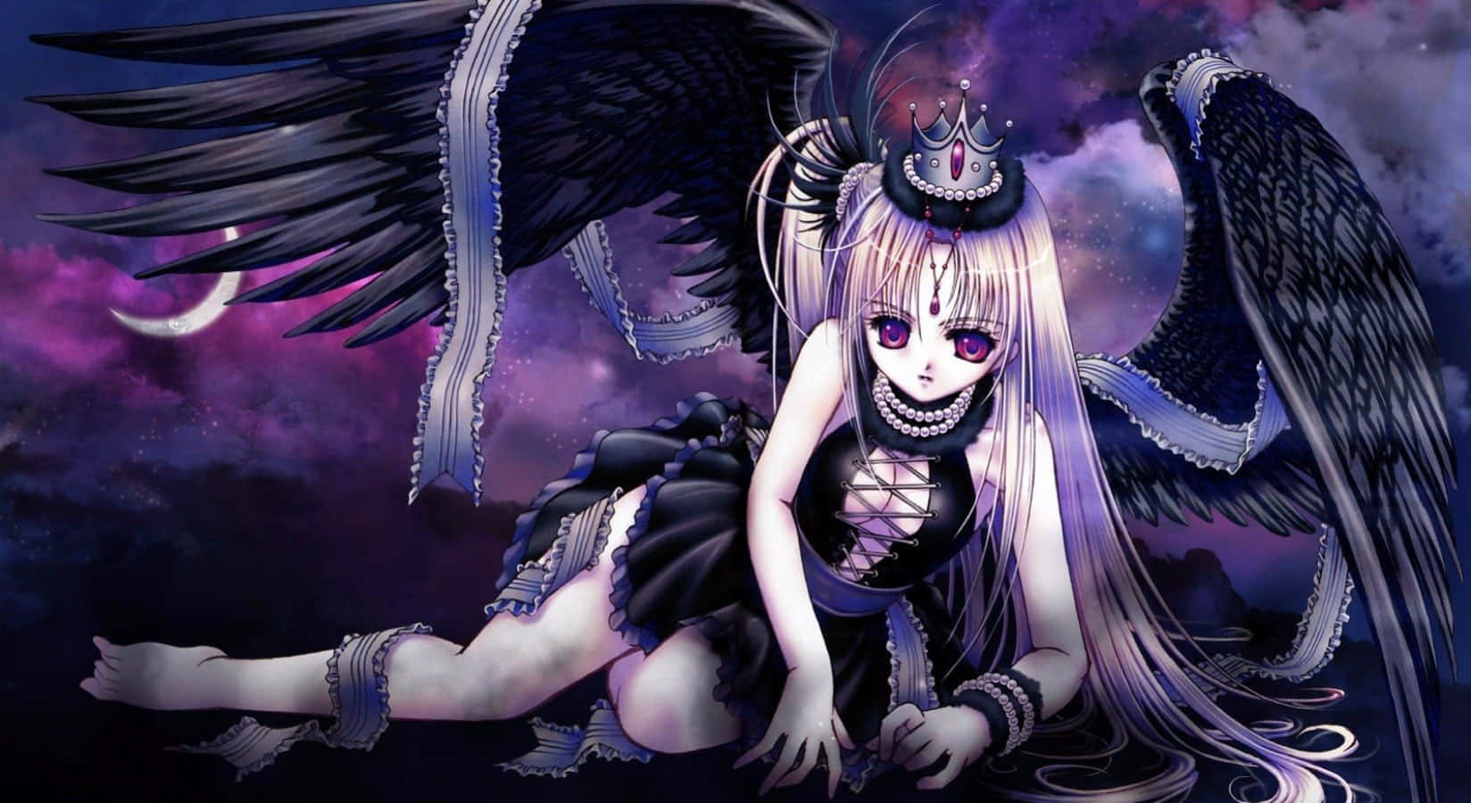 Dark Queen 桌布 壁紙 — 一個蒼白的動漫女孩，長著黑色翅膀，戴著王冠，坐在宇宙般的紫色天空下，伴著一彎新月。