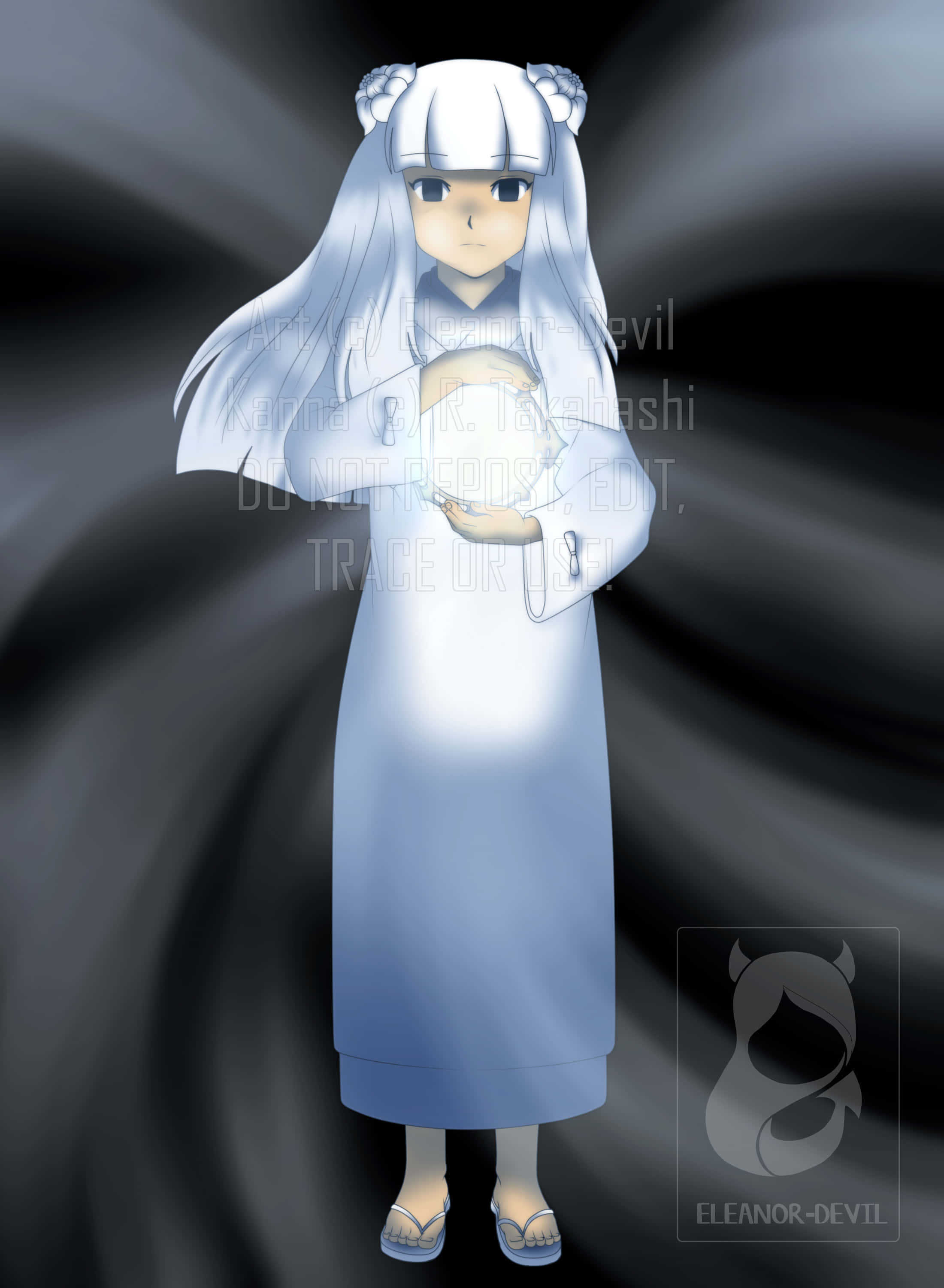 Inuyasha Kanna 桌布 壁紙 — 一個蒼白的動漫女孩，長長的白髮，穿著白色長袍，在旋轉的深灰色背景中手持發光球體。