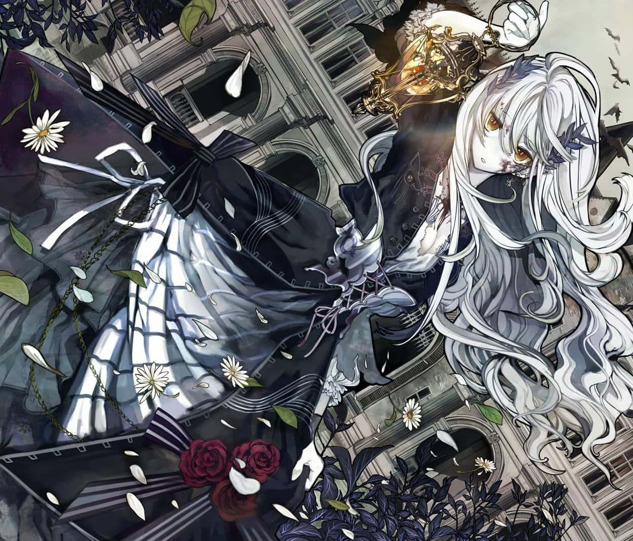 Gothic Anime 桌布 壁紙 — 一個蒼白的動漫女孩，長長的白髮和金色的眼睛，在飄落的花瓣和玫瑰中漂浮，背景是一座破敗的哥德式建築。