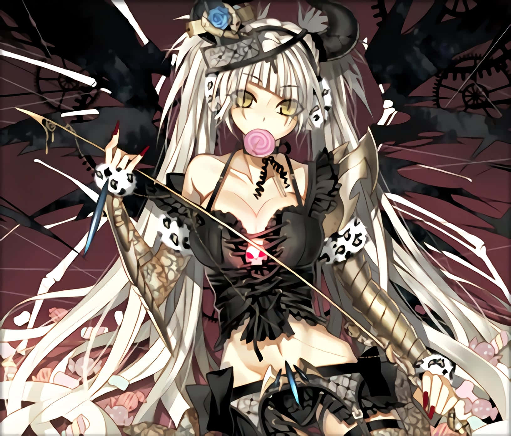 Gothic Anime 桌布 壁紙 — 一個蒼白的動漫女孩，長長的白髮和黃色的眼睛，拿著弓箭，同時吮吸粉紅色棒棒糖，背景是黑暗的機械風格。