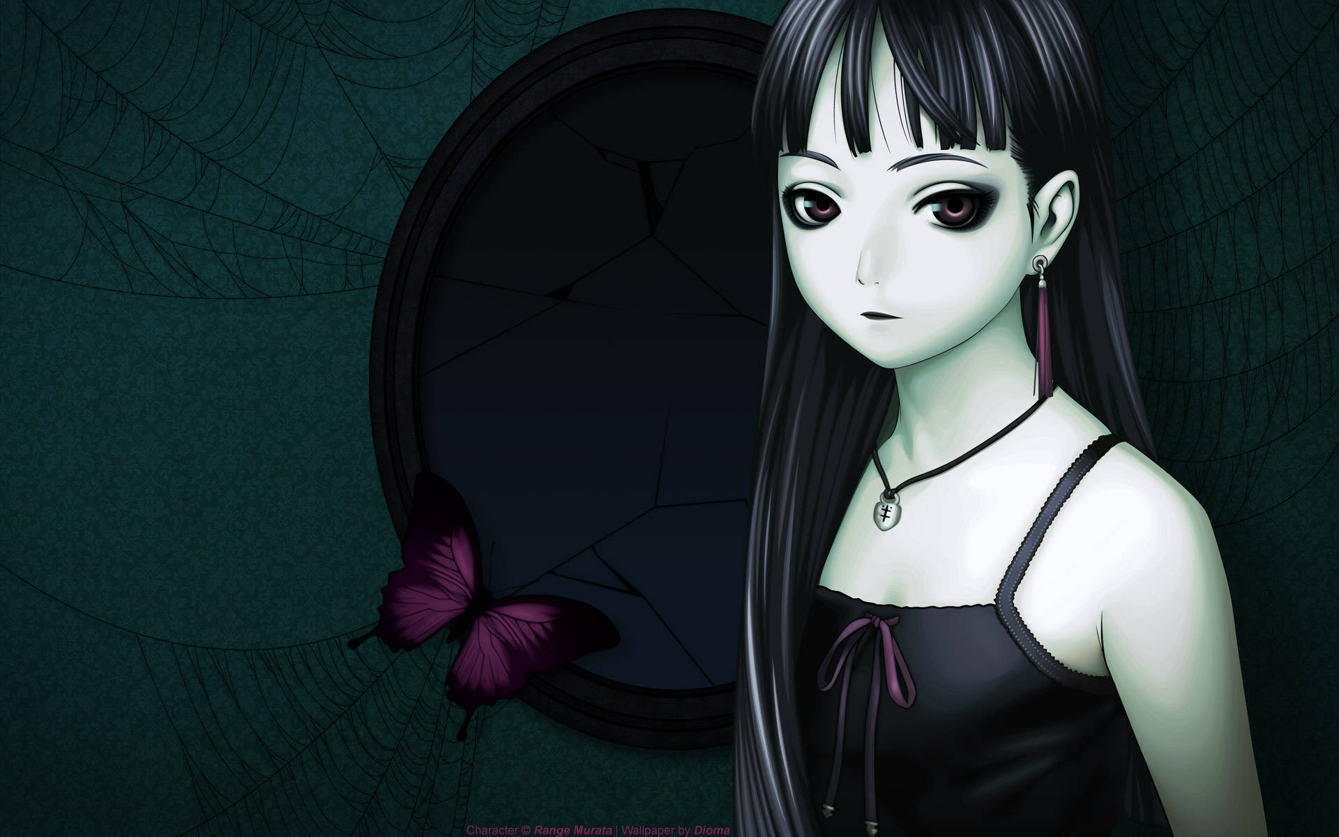 emo 桌布 壁紙 — 一個蒼白的動漫女孩，長長的黑髮和紅色的眼睛，站在一個有紫色蝴蝶的裂鏡旁邊，背景是深青綠色的蜘蛛網。