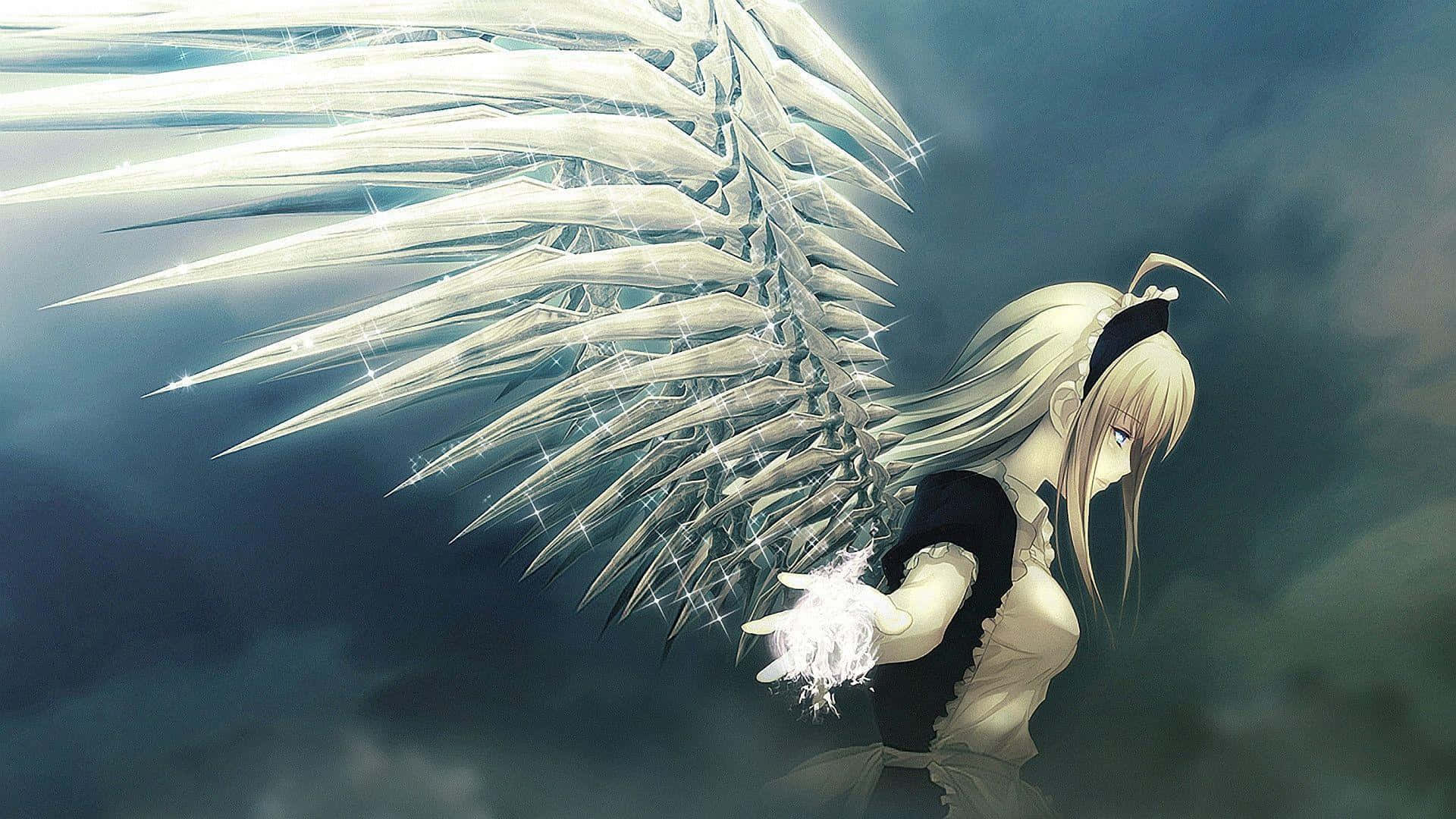 angels 桌布 壁紙 — 一個蒼白的動漫女孩，長長銀髮和巨大的水晶翅膀，在暴風雨的灰色天空中柔和地發光。