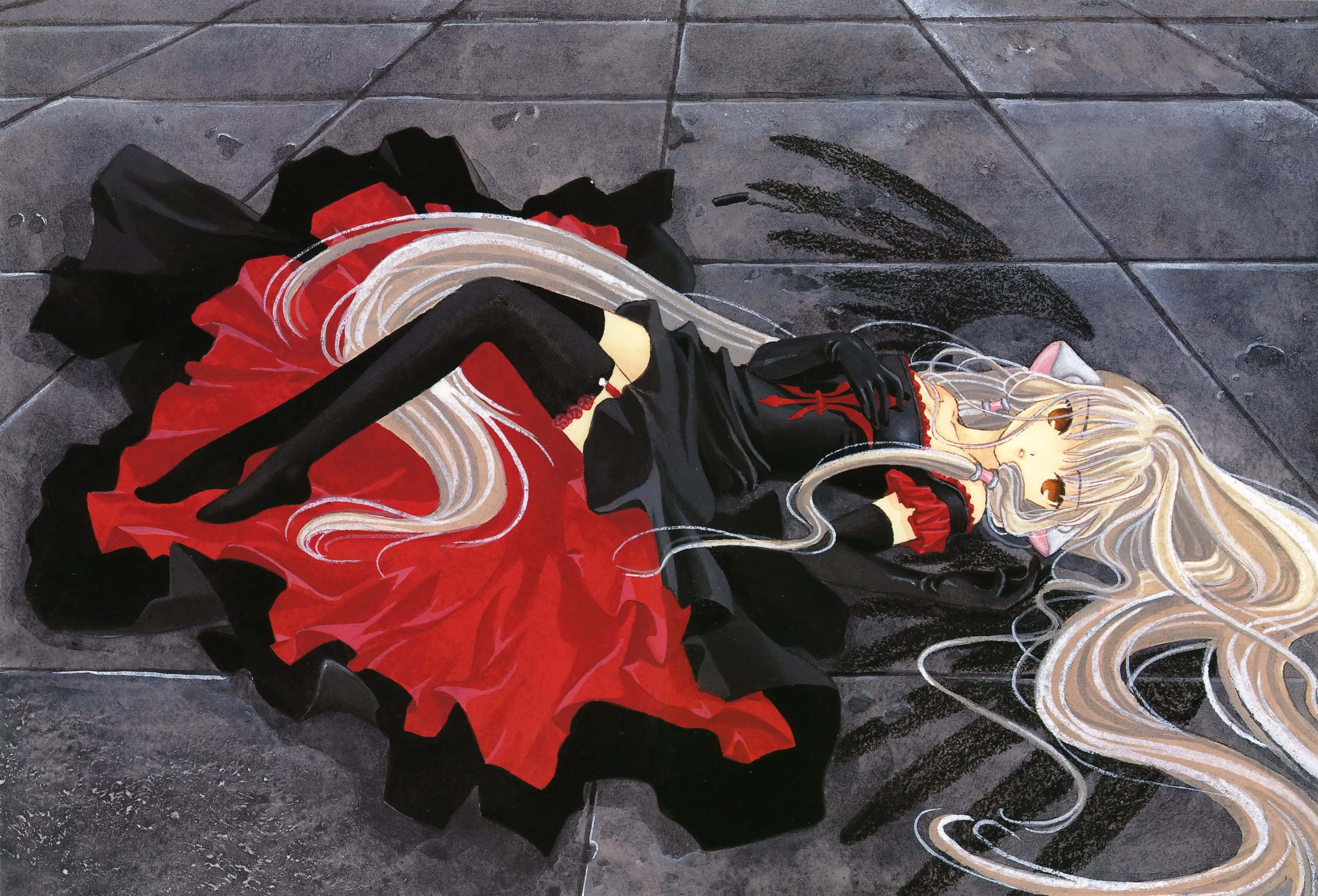 Chobits 桌布 壁紙 — 一個蒼白的動漫女孩，長長銀髮躺在石磚上，穿著黑色和紅色的連衣裙，布料戲劇性地飄動。