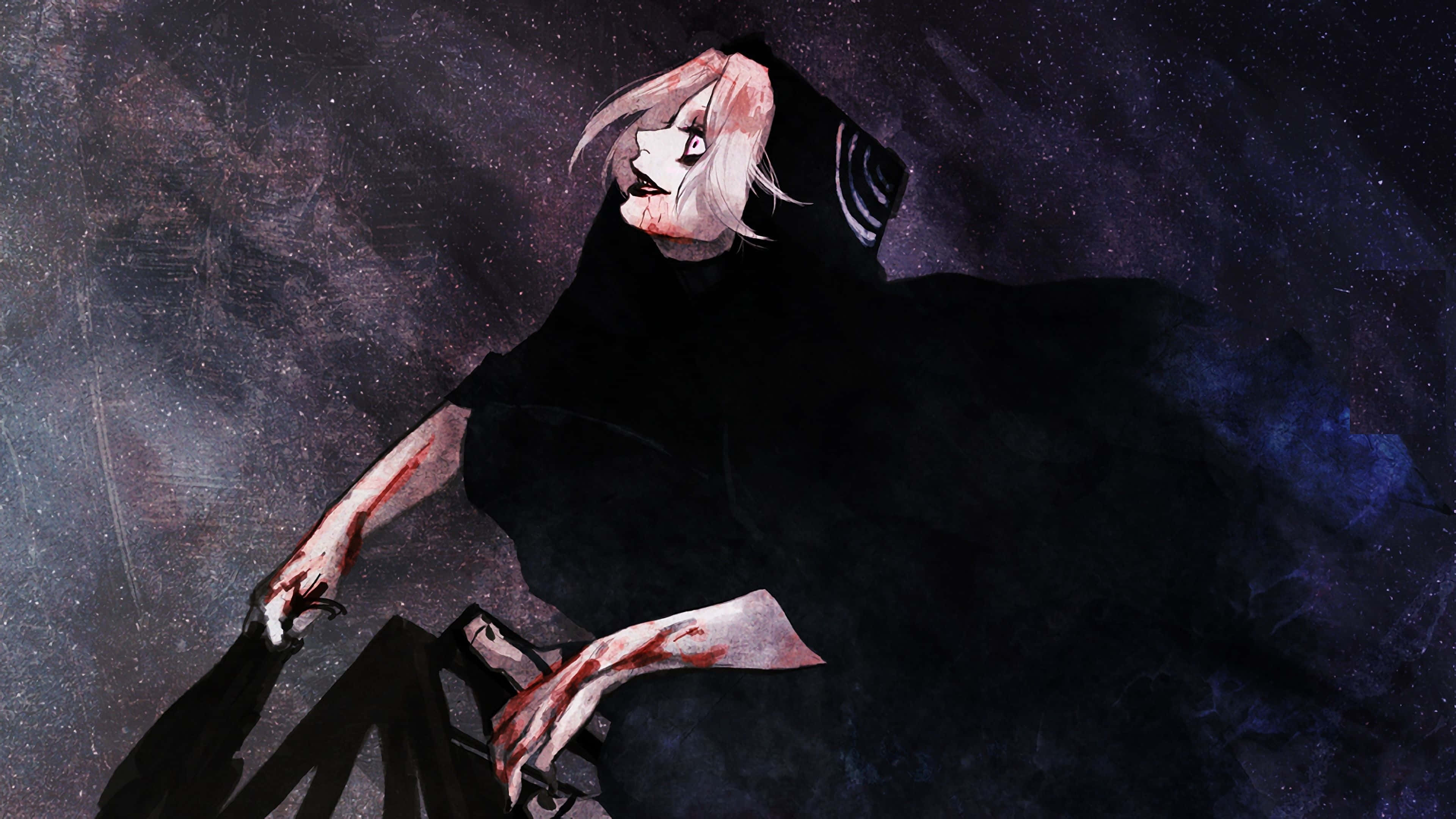 Seidou Takizawa 桌布 壁紙 — 一個蒼白的動漫女孩，雙手和臉上沾滿鮮血，站在繁星點點的夜空下，穿著深色斗篷。