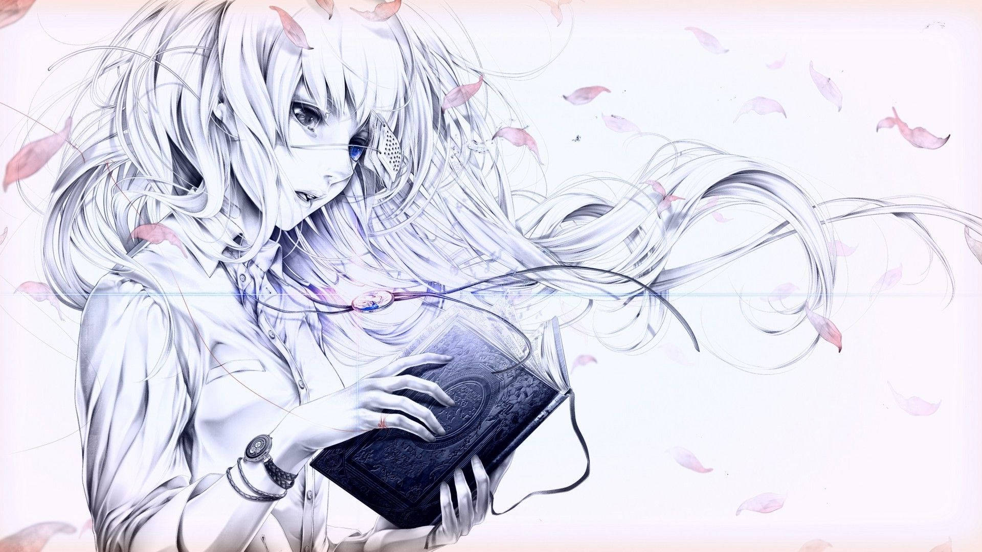 Girly Cartoon 桌布 壁紙 — 一個蒼白的動漫女孩，飄逸的白髮，拿著一本深色的書，粉紅色的花瓣在微風中飄落在她周圍。