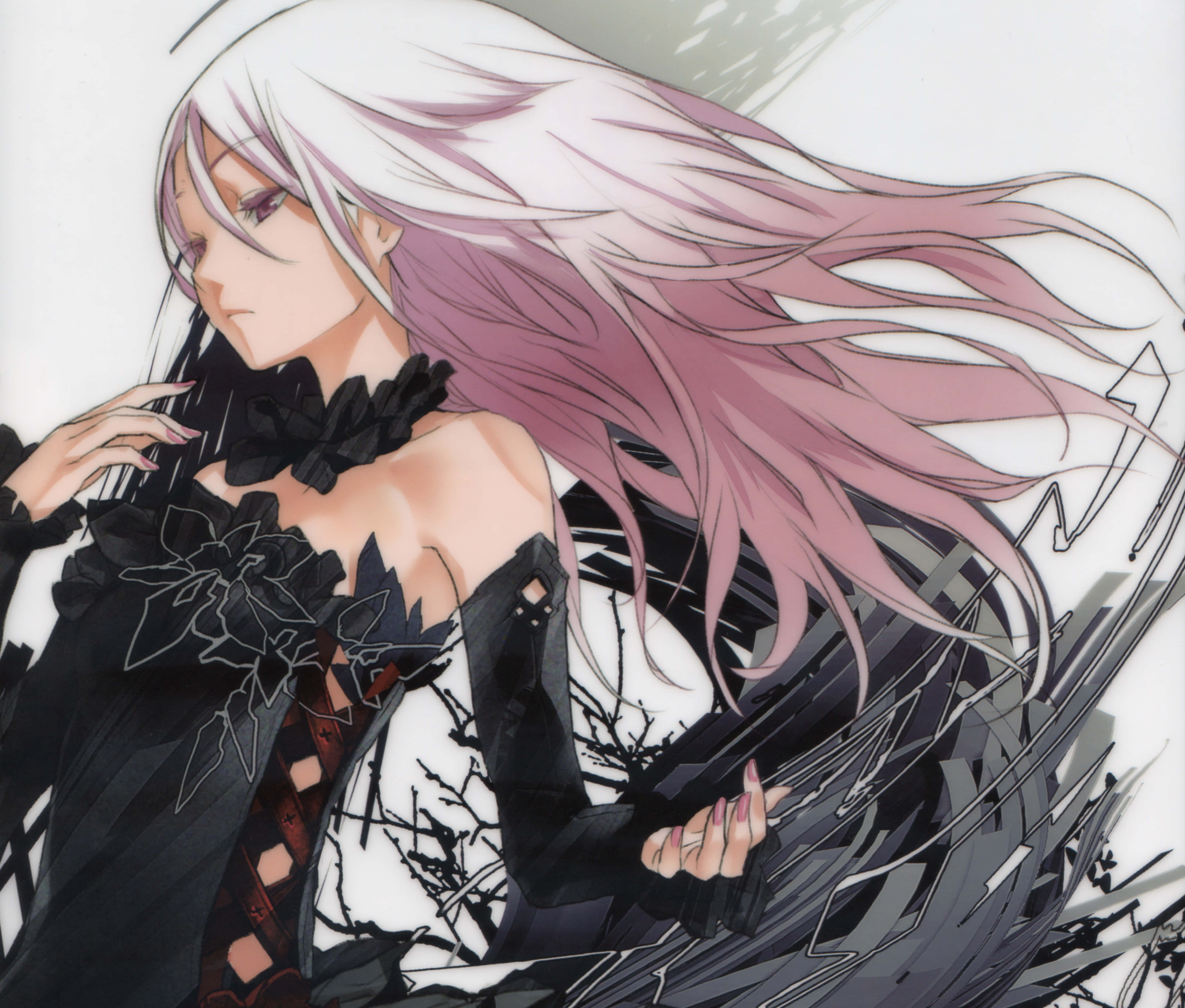 Guilty Crown 桌布 壁紙 — 一個蒼白的動漫女孩，飄逸的粉紅色和白色頭髮，穿著黑色蕾絲服裝，背景是旋轉的黑暗。