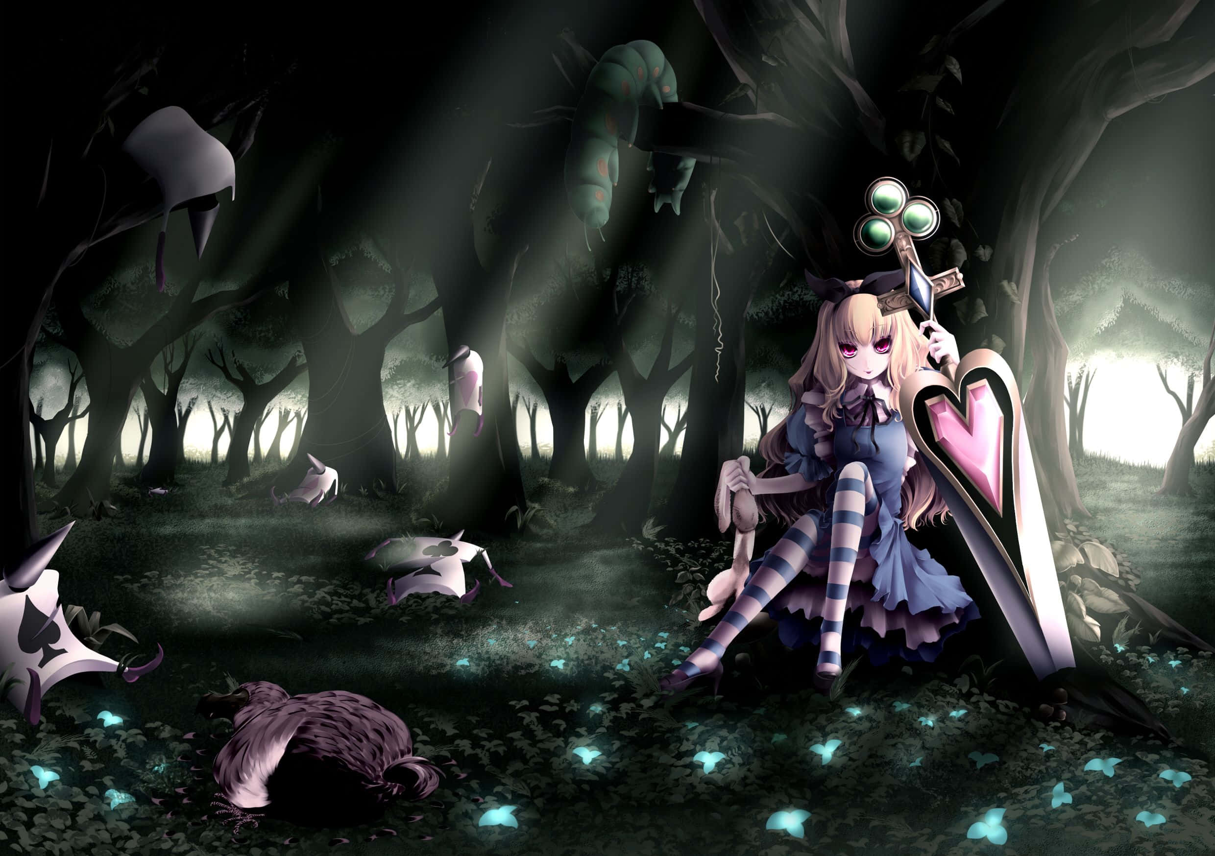 Alice Wonderland Aesthetic 桌布 壁紙 — 一個蒼白的動漫女孩手持心形盾牌，坐在被發光藍色蝴蝶和詭異光束照亮的黑暗魔法森林中。