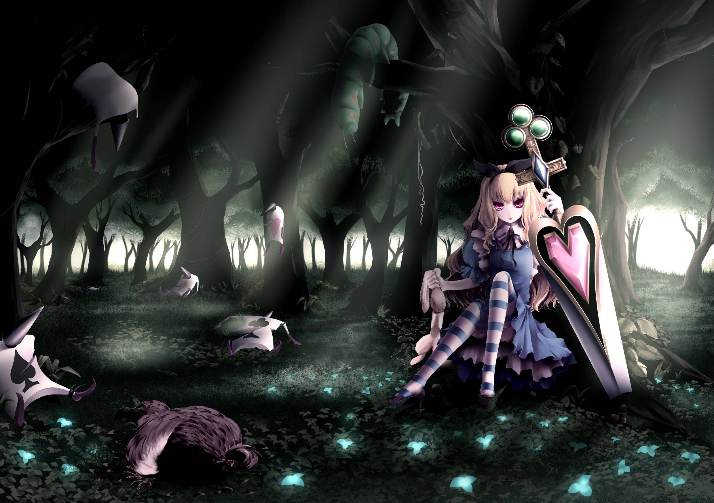 wonderland 桌布 壁紙 — 一個蒼白的動漫女孩拿著心形盾牌坐在黑暗的森林中，被詭異的光束和發光的藍色蝴蝶照亮。