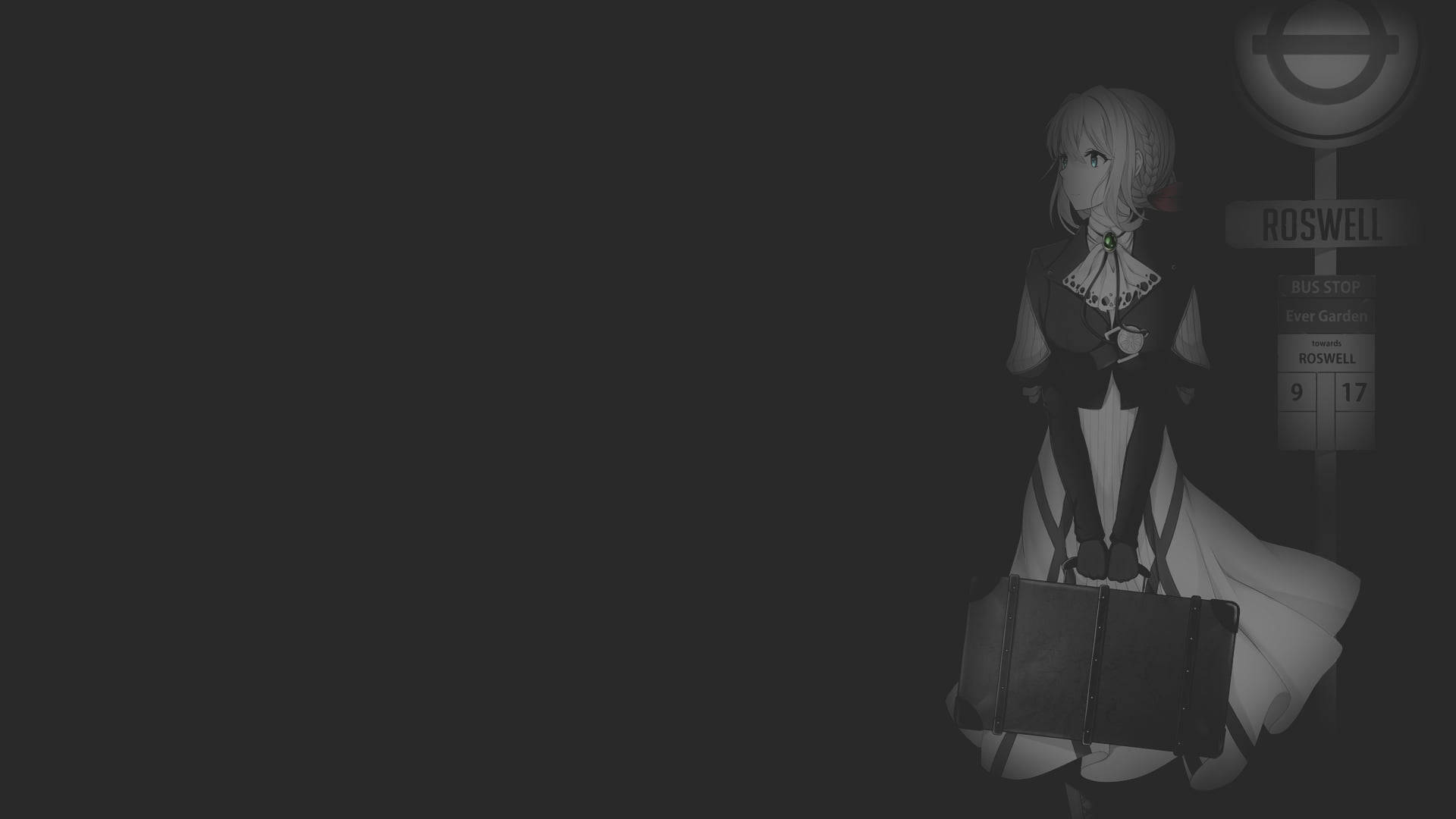 黑色動畫gif 桌布 壁紙 — 一個蒼白的動漫女孩提著行李箱，獨自站在昏暗的羅斯威爾公車站，天空陰暗。