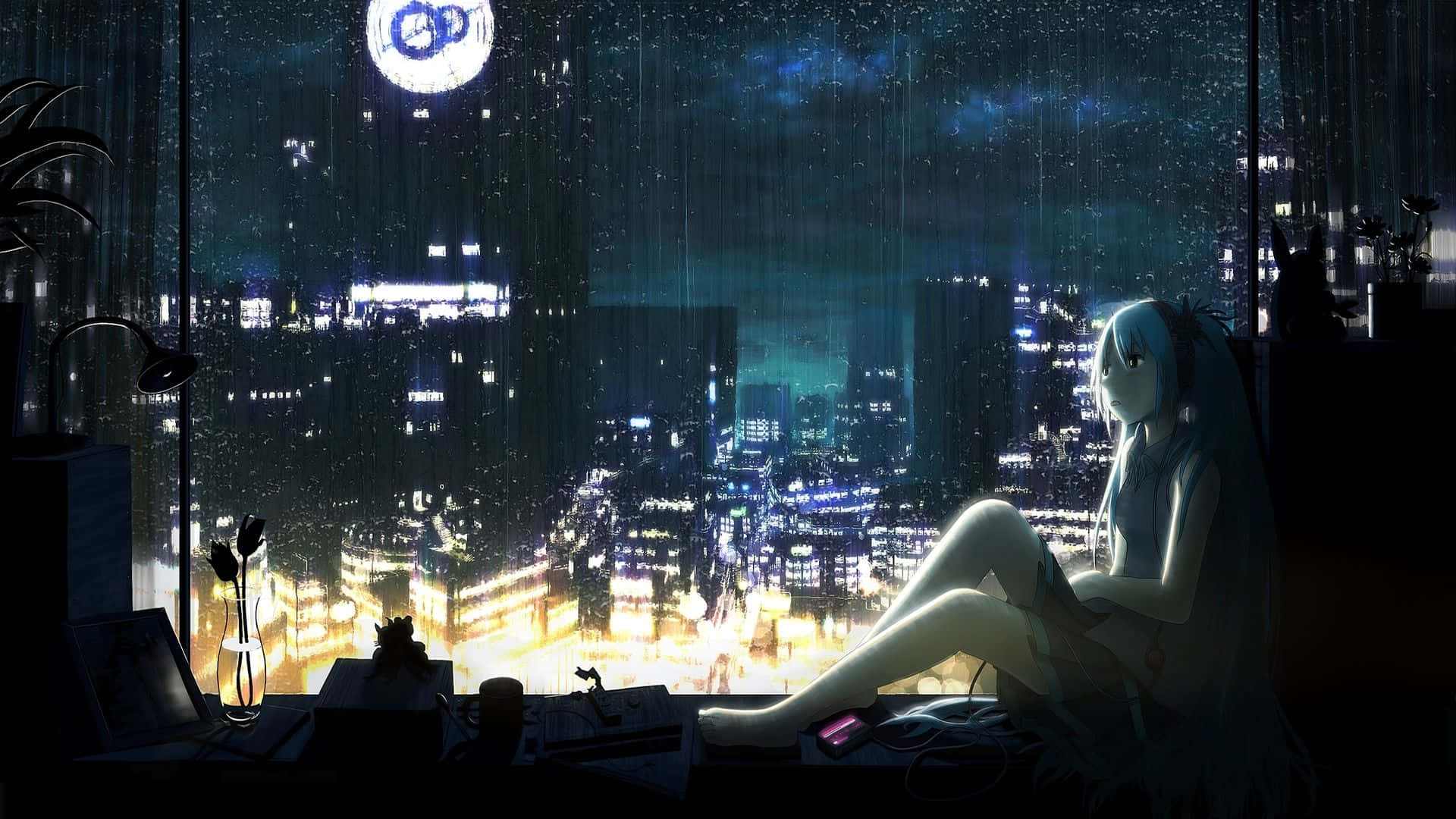 動漫女孩 桌布 壁紙 — 一個蒼白的動漫女孩獨自坐在窗台上，凝視著在星空下閃耀的雨濕霓虹城市。