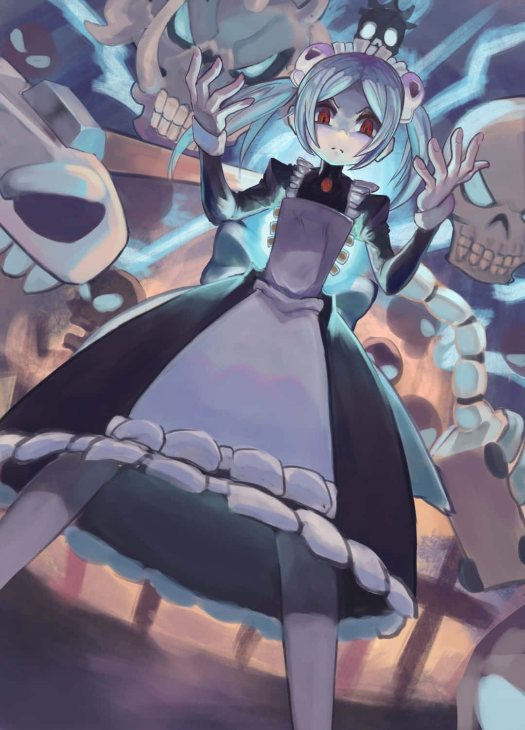 電玩遊戲 桌布 壁紙 — 一個蒼白的動漫女孩穿著女僕裝，站在漂浮的頭骨之間，周圍環繞著發光的藍色能量。