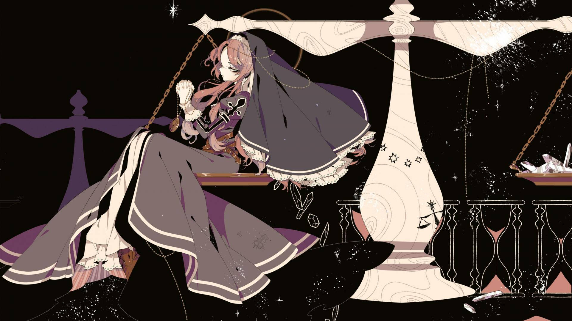zodiac 桌布 壁紙 — 一個蒼白的動漫女孩穿著深色斗篷，坐在天秤上，背景是星光閃爍的夜空，有發光的星星和華麗的建築。