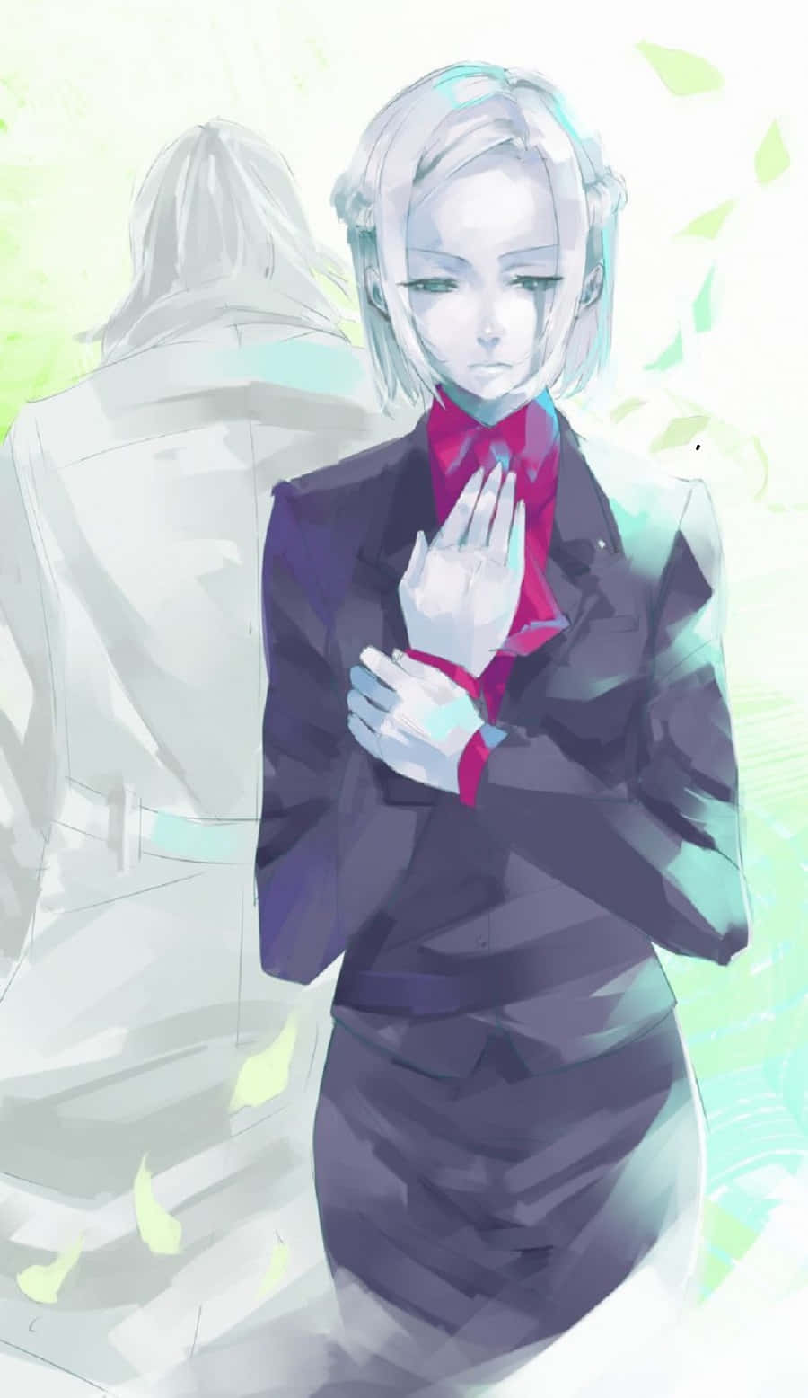 Kureo Mado 桌布 壁紙 — 一個蒼白的動漫女孩穿著深色西裝和紅色領帶，雙手緊握站立，被柔軟的綠葉和身後一個幽靈般的身影包圍。