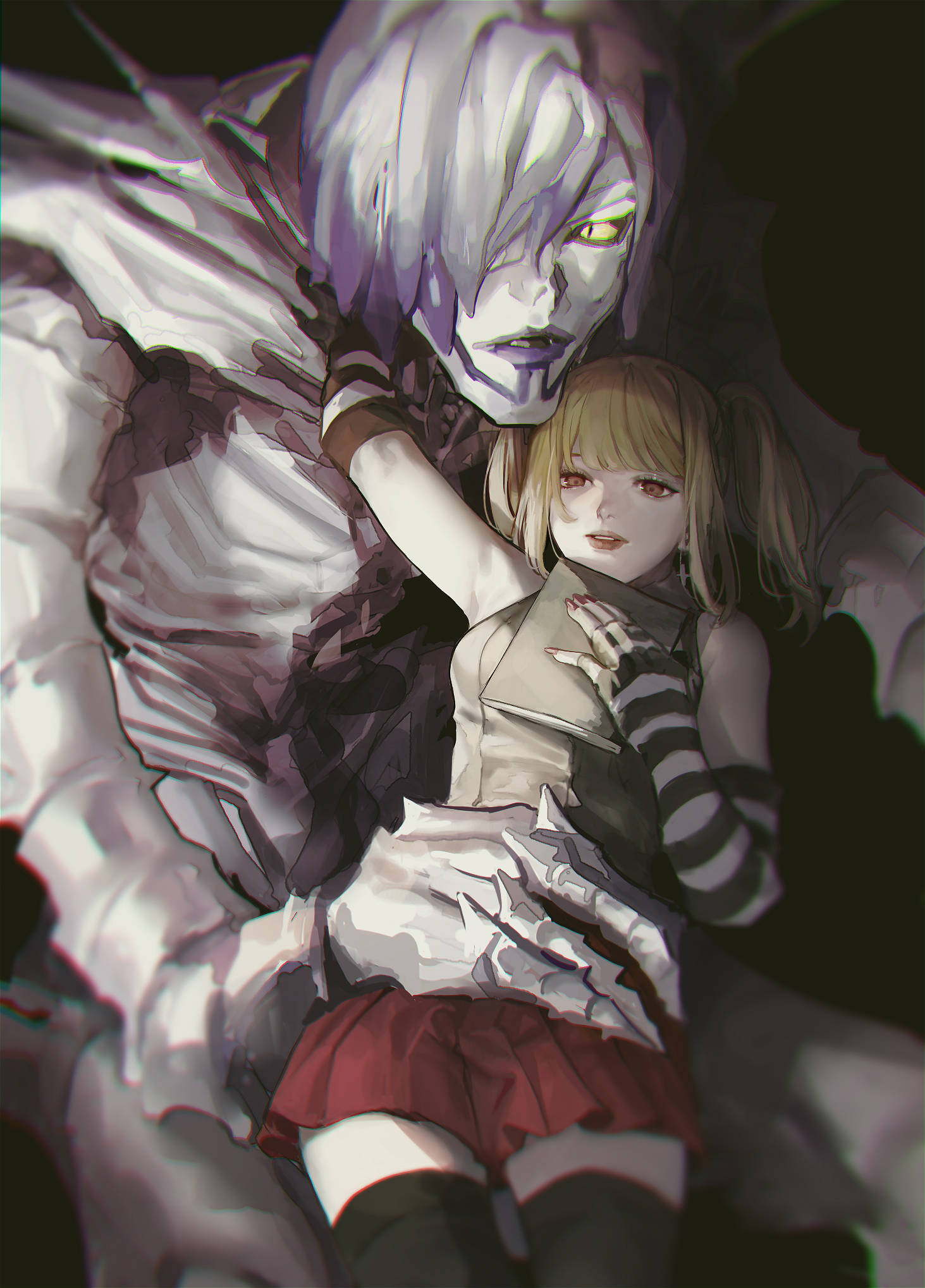 Misa 桌布 壁紙 — 一個蒼白的動漫女孩穿著紅色裙子，被一個高大的怪物般的身影擁抱，該身影有著發光的黃色眼睛和參差不齊的白髮。