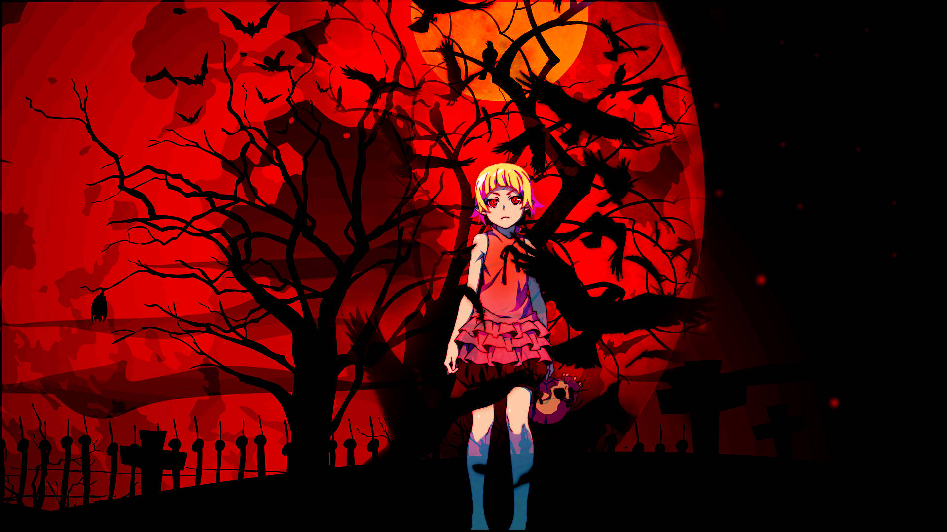 Monogatari 桌布 壁紙 — 一個蒼白的動漫女孩穿著荷葉邊連衣裙，獨自站在墓地中，背景是血紅色的月亮、剪影樹木和飛翔的蝙蝠。