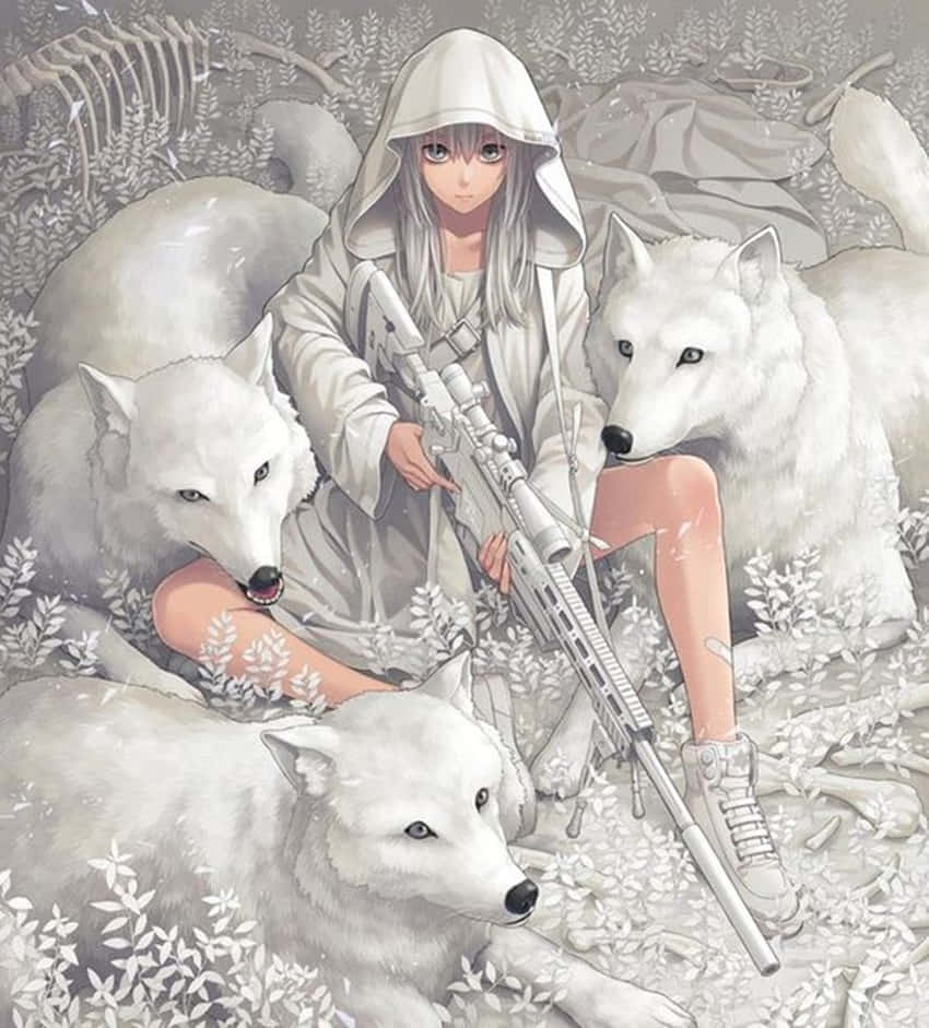 動漫女孩 桌布 壁紙 — 一個蒼白的動漫女孩穿著連帽外套，與三隻白狼一起坐在雪地裡，手持步槍，周圍有骨骼殘骸。